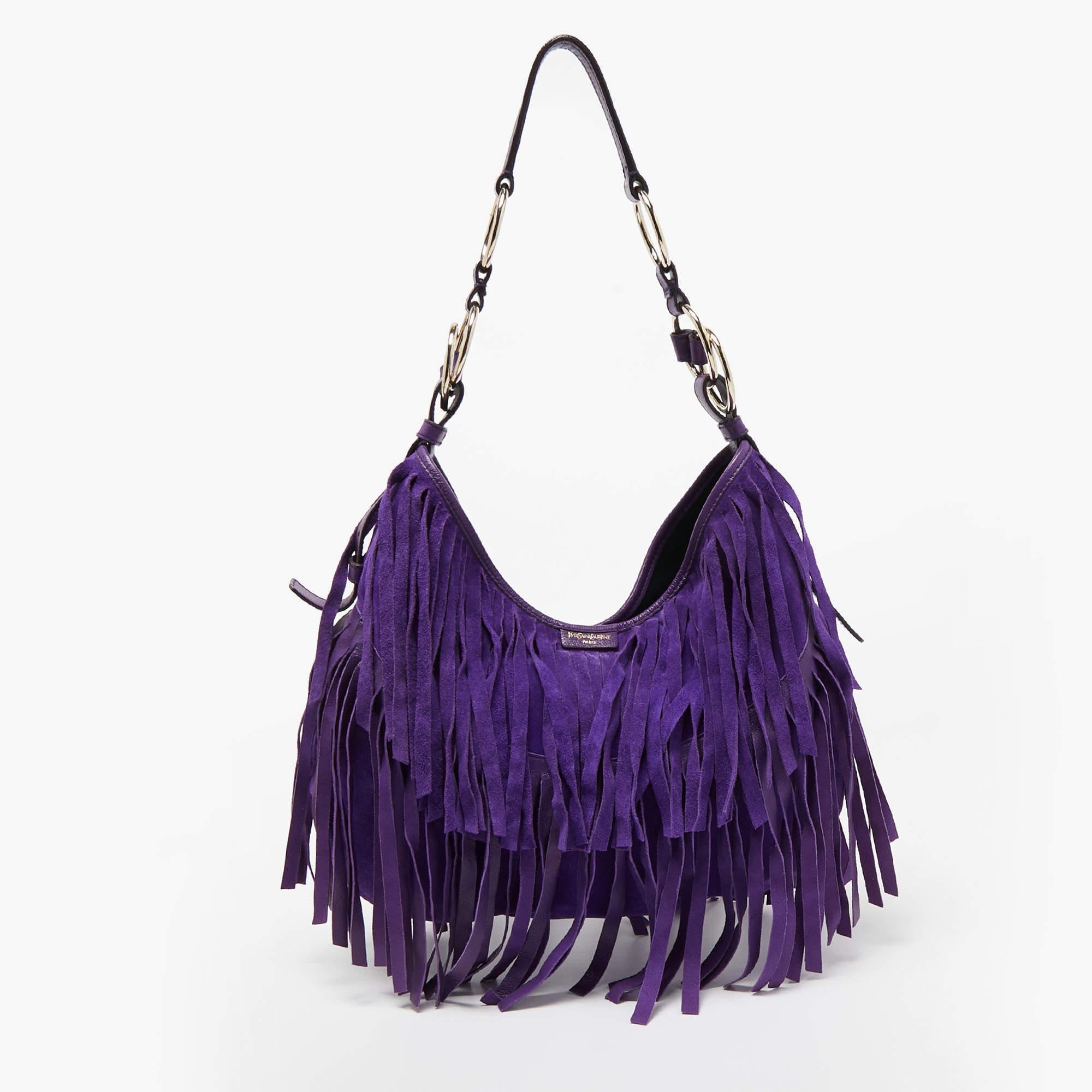 Yves Saint Laurent Purple Suede and Leather La Boheme Fringe Hobo In Good Condition For Sale In Dubai, Al Qouz 2