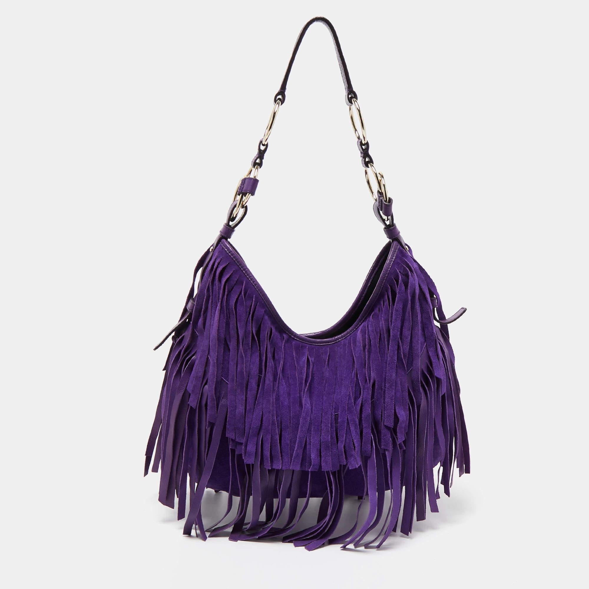 Yves Saint Laurent Purple Suede and Leather La Boheme Fringe Hobo For Sale 3