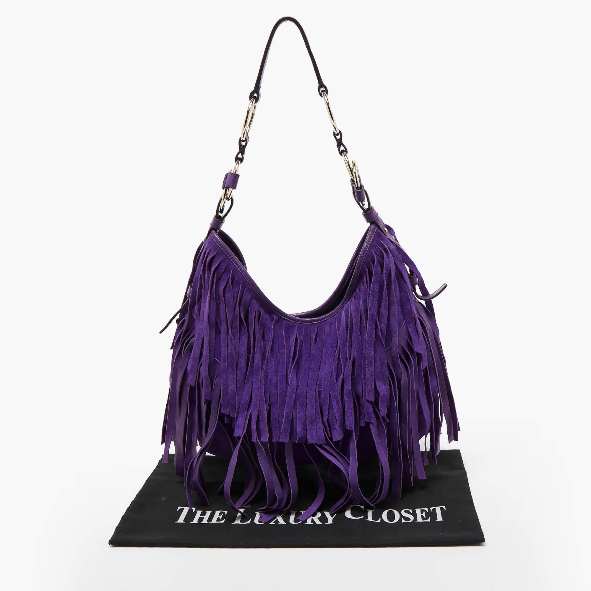 Yves Saint Laurent Purple Suede and Leather La Boheme Fringe Hobo For Sale 5