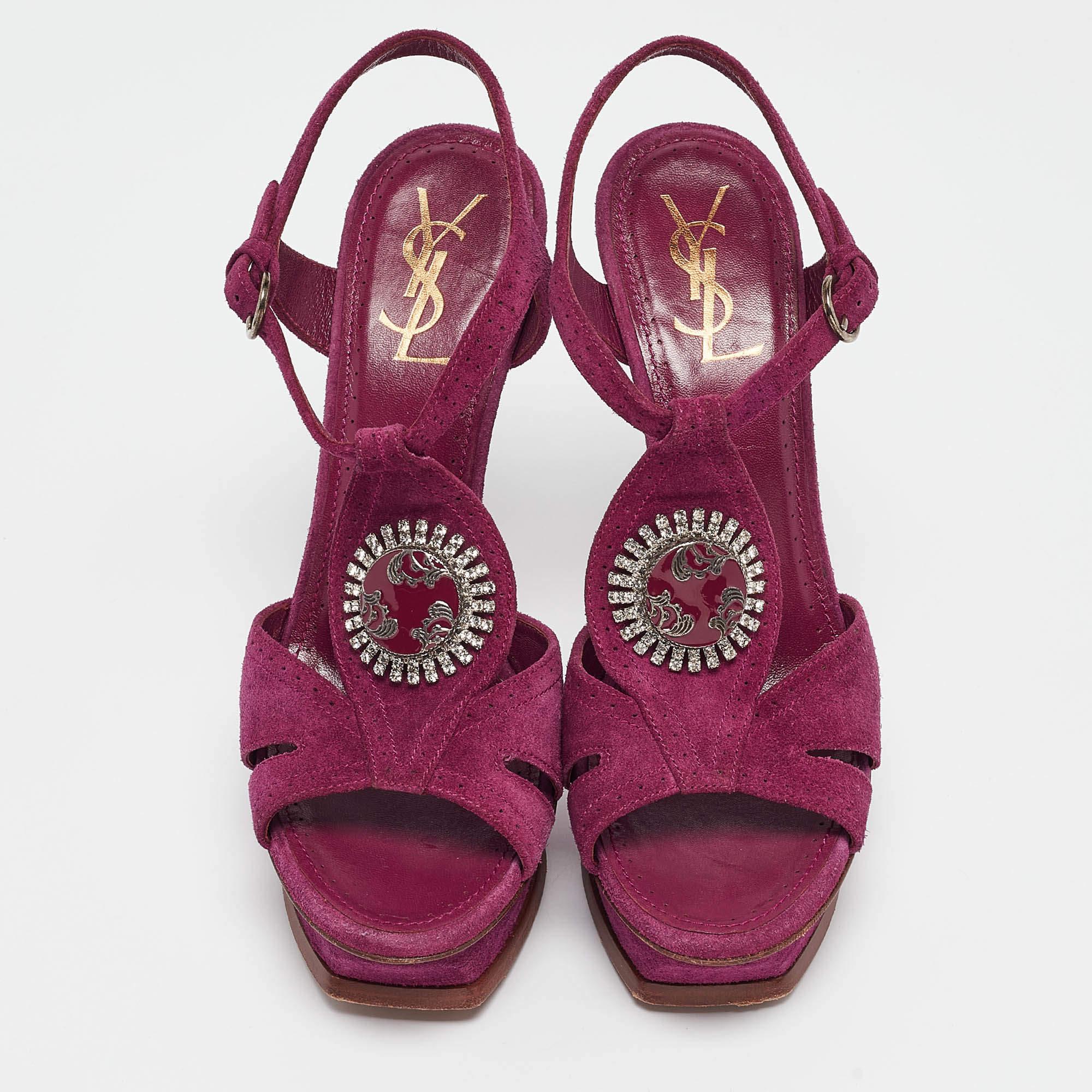 Noir Yves Saint Laurent - Sandales à plateforme en daim violet avec boucle et bride à la cheville, taille 40 en vente