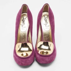 Yves Saint Laurent Purple Suede Plaque Embellished Round Toe Pumps Size 36.5