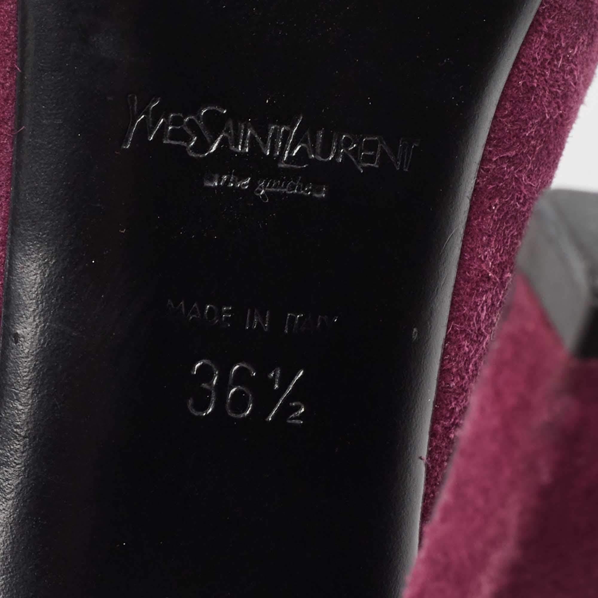 Women's Yves Saint Laurent Purple Suede Plaque Embellished Round Toe Pumps Size 36.5 For Sale
