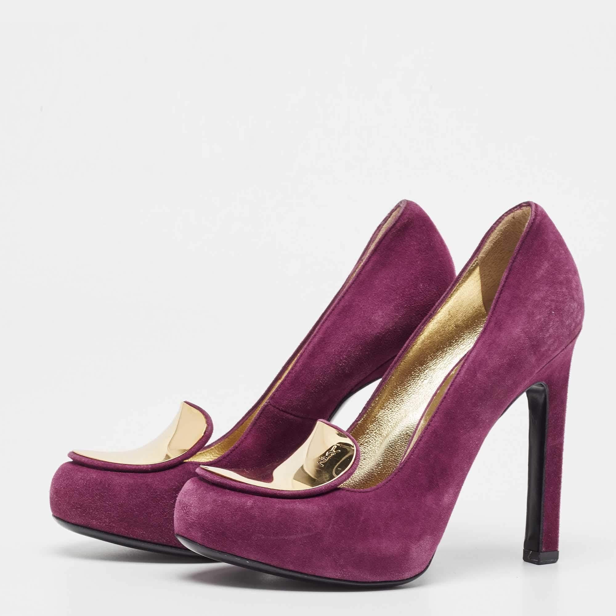 Yves Saint Laurent Purple Suede Plaque Embellished Round Toe Pumps Size 36.5 For Sale 1