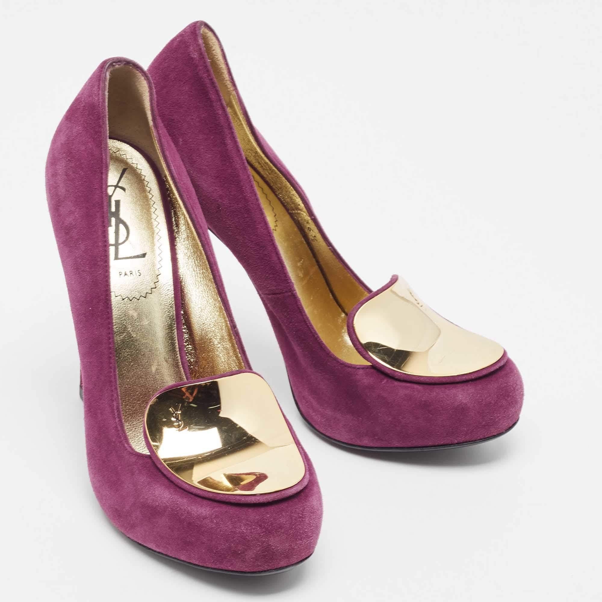 Yves Saint Laurent Purple Suede Plaque Embellished Round Toe Pumps Size 36.5 For Sale 2