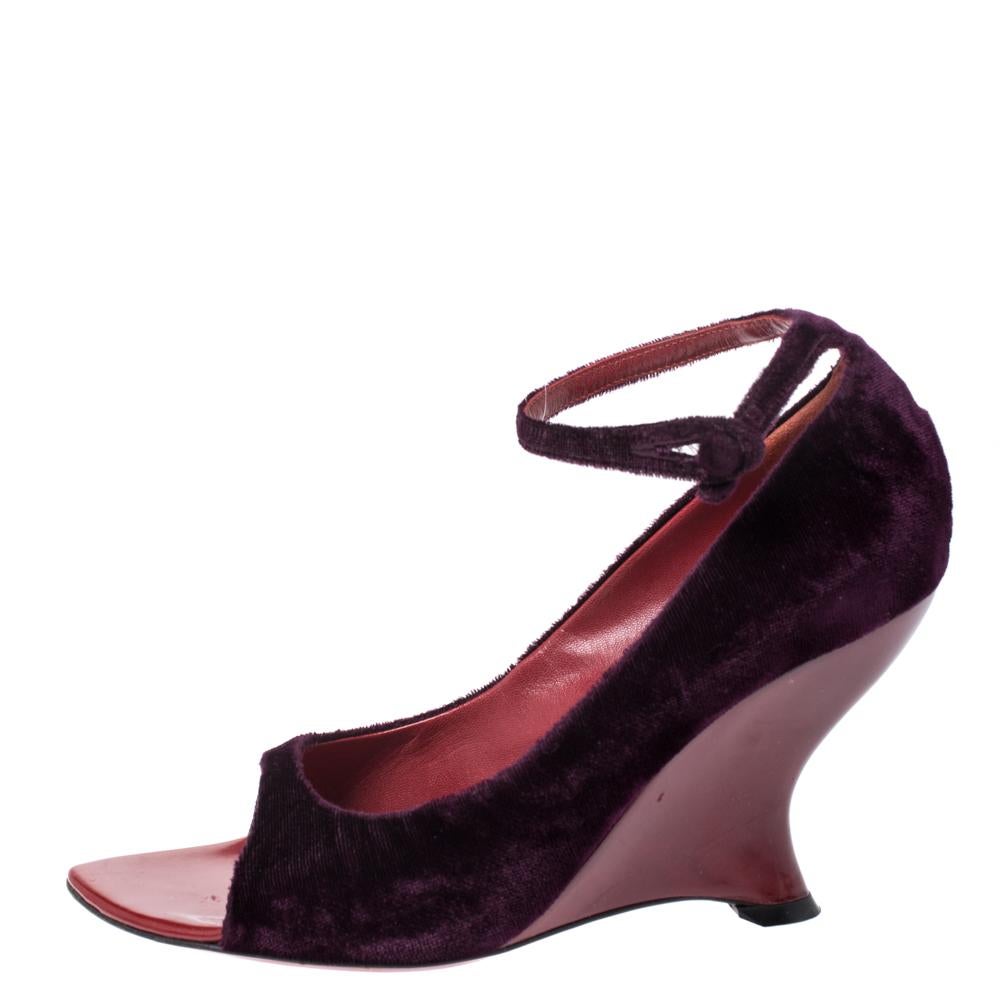 Black Yves Saint Laurent Purple Velvet Peep toe Wedges Size 37.5
