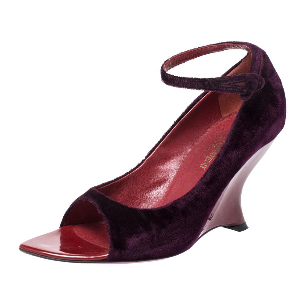 Yves Saint Laurent Purple Velvet Peep toe Wedges Size 37.5