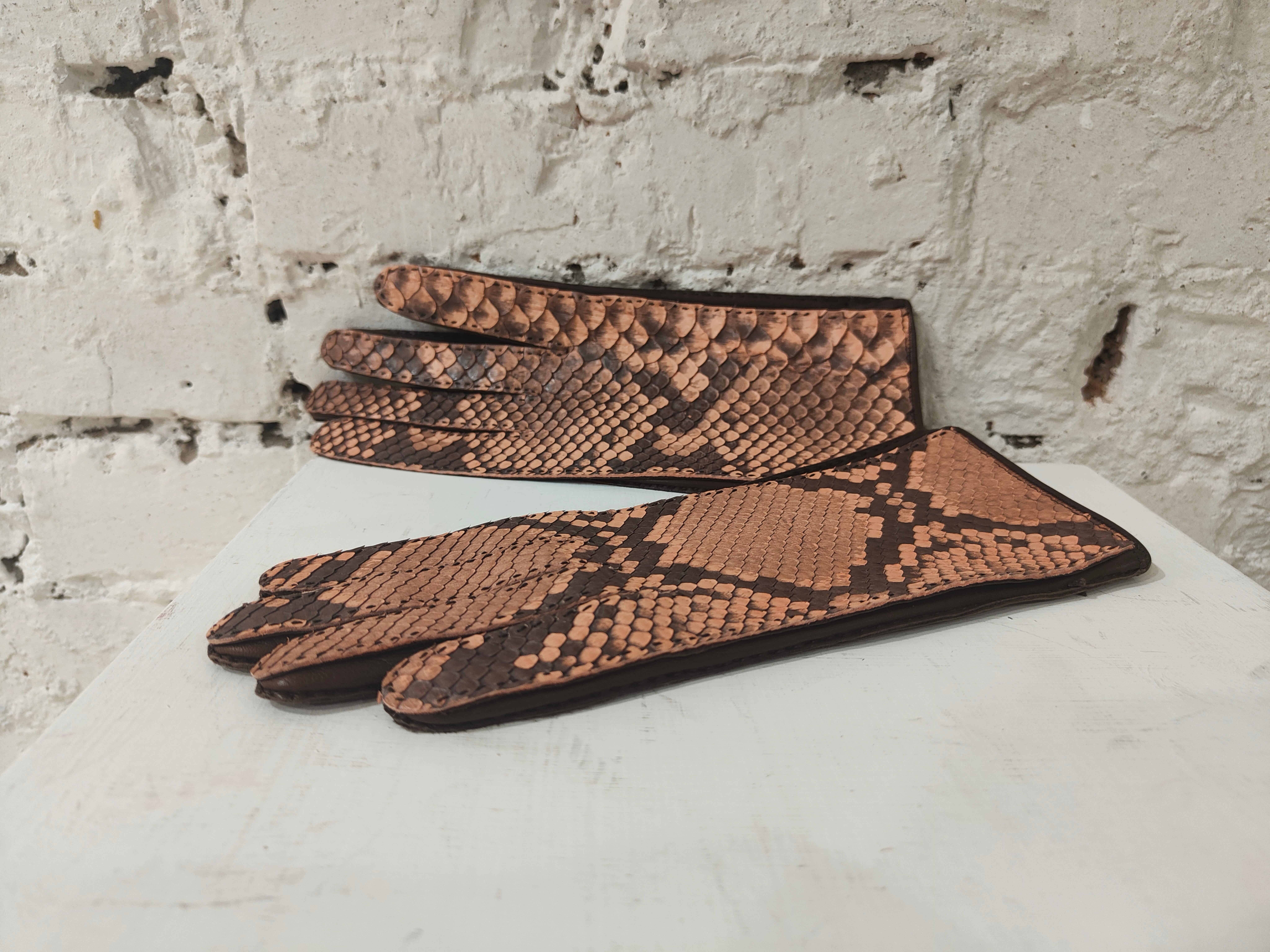Brown Yves Saint Laurent python skin gloves