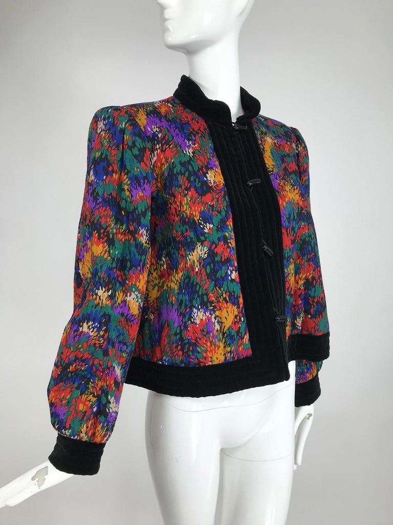 Yves Saint Laurent Quilted Modern Print Challis and Velvet Jacket 1980s For Sale 5