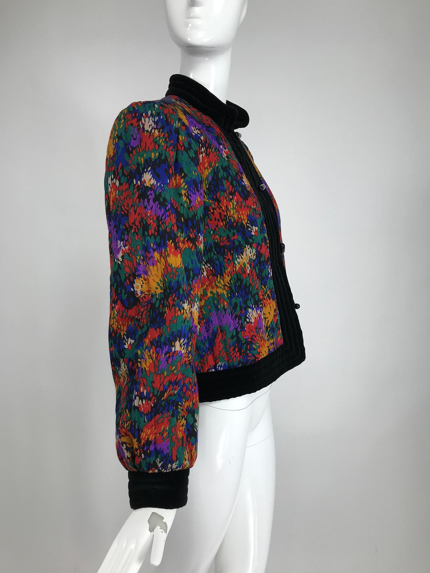 Yves Saint Laurent Quilted Modern Print Challis and Velvet Jacket 1980s For Sale 4