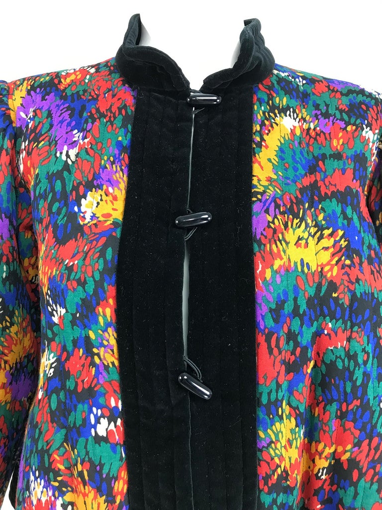 Yves Saint Laurent Quilted Modern Print Challis and Velvet Jacket 1980s For Sale 8