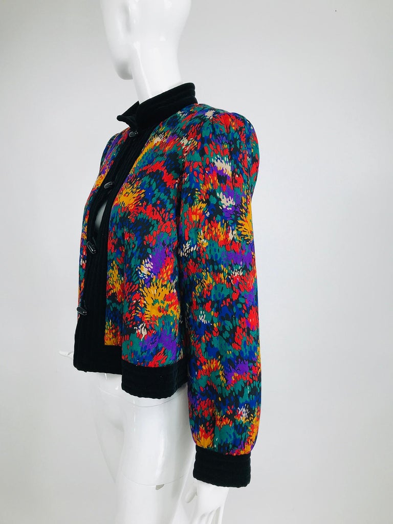 Black Yves Saint Laurent Quilted Modern Print Challis and Velvet Jacket 1980s For Sale