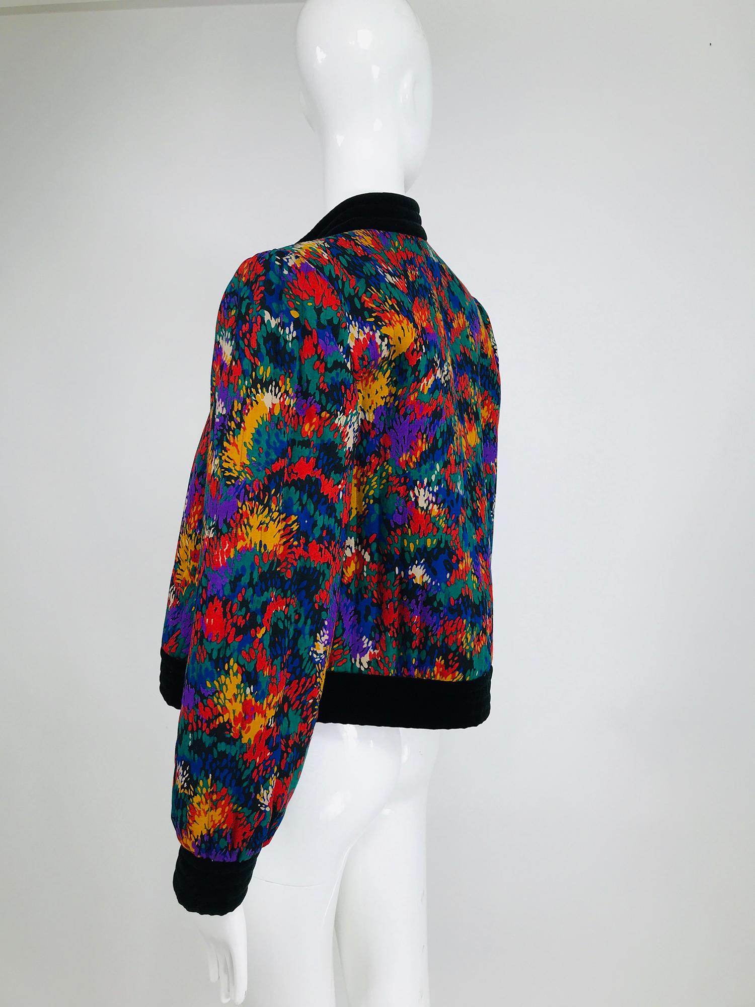 Black Yves Saint Laurent Quilted Modern Print Challis and Velvet Jacket 1980s For Sale