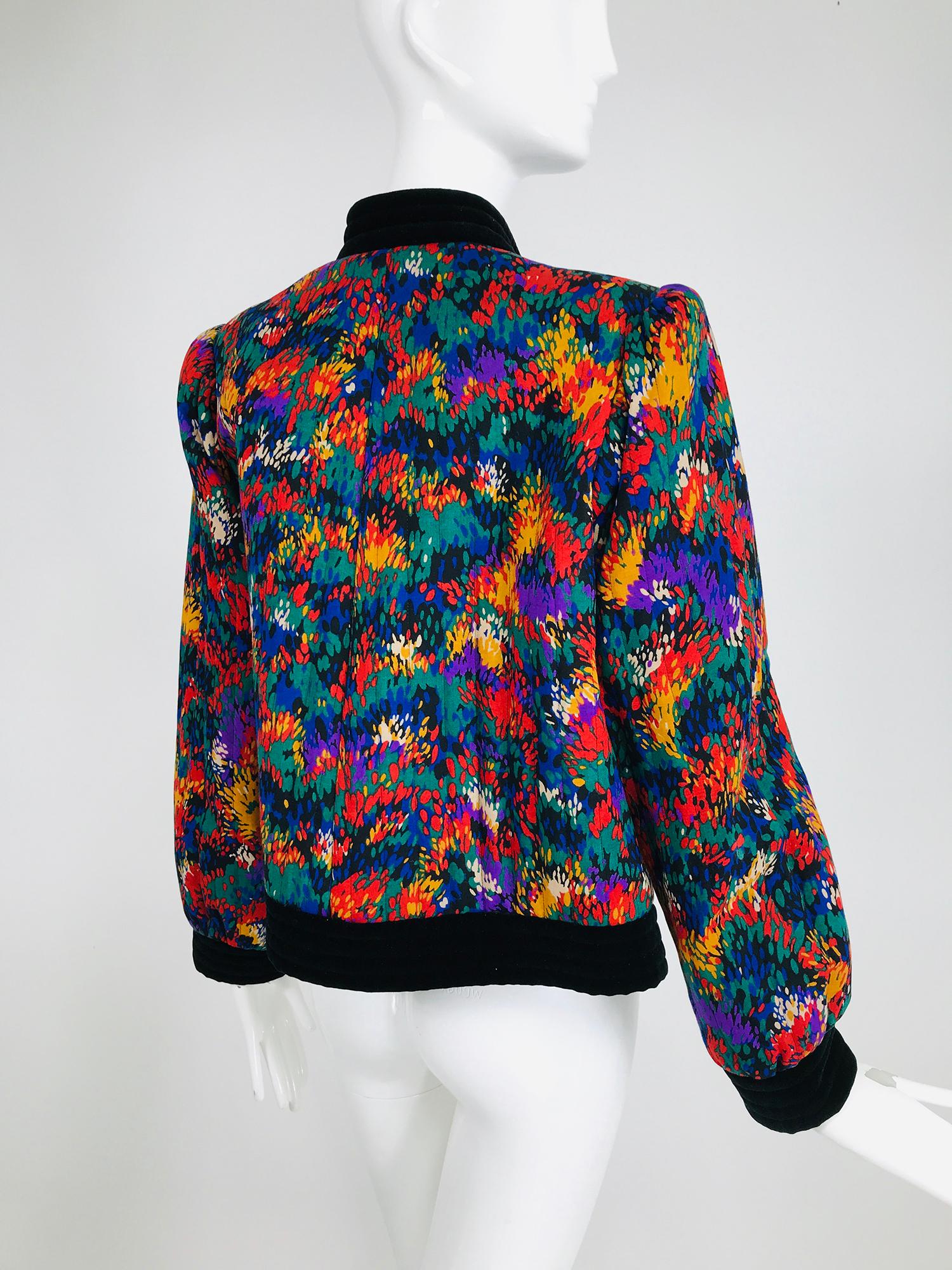 Women's Yves Saint Laurent Quilted Modern Print Challis and Velvet Jacket 1980s For Sale