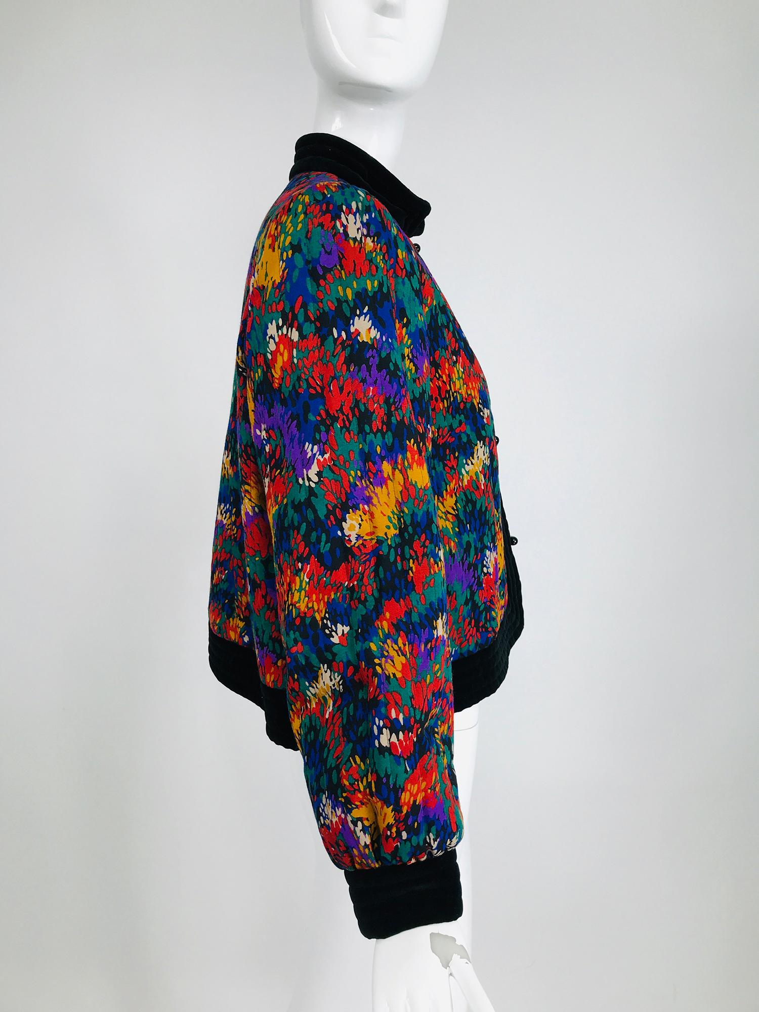 Yves Saint Laurent Quilted Modern Print Challis and Velvet Jacket 1980s For Sale 2