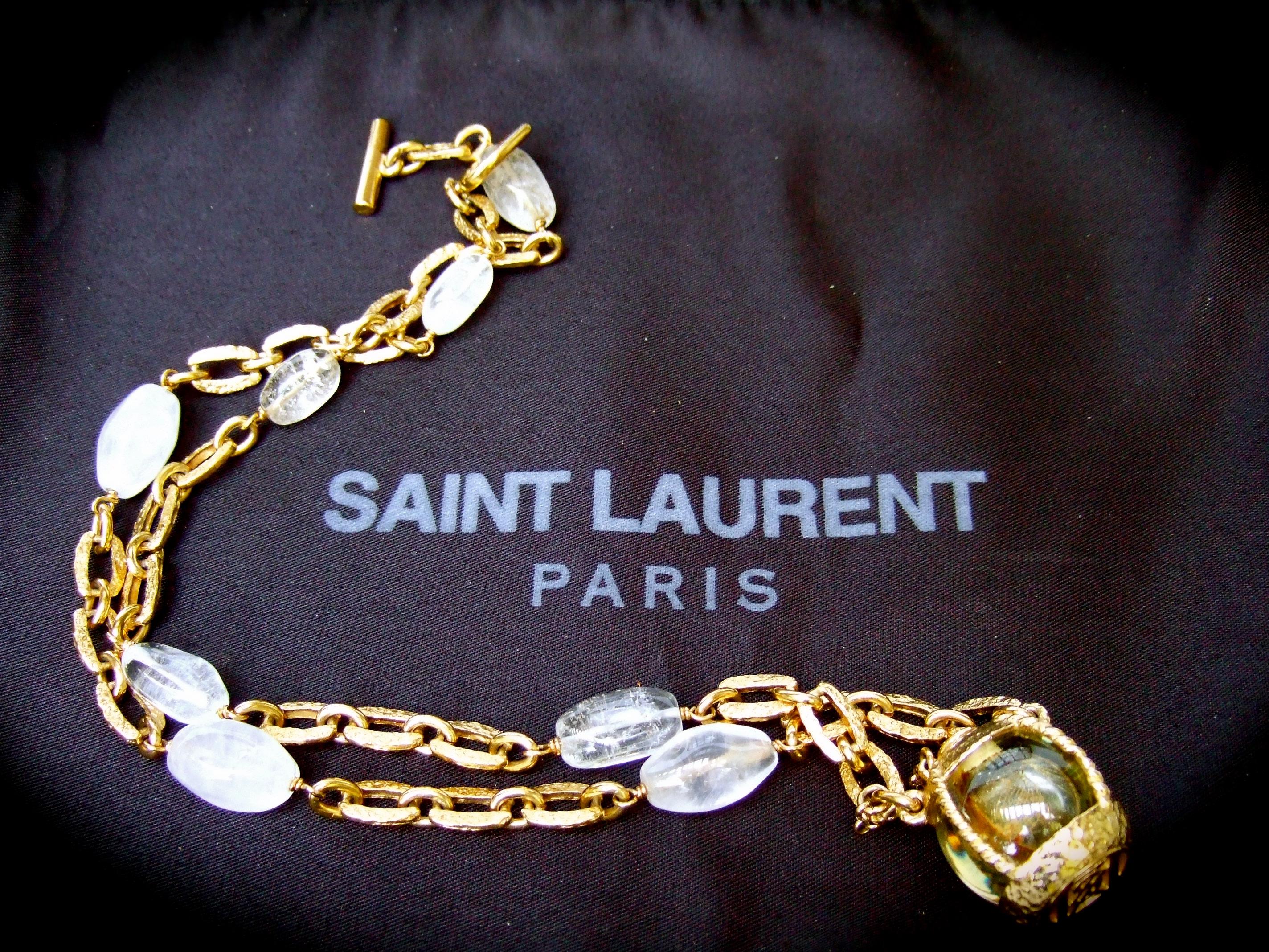 Yves Saint Laurent Rare Crystal Rock Gilt Metal Necklace by Goossens c 1983  In Good Condition For Sale In University City, MO
