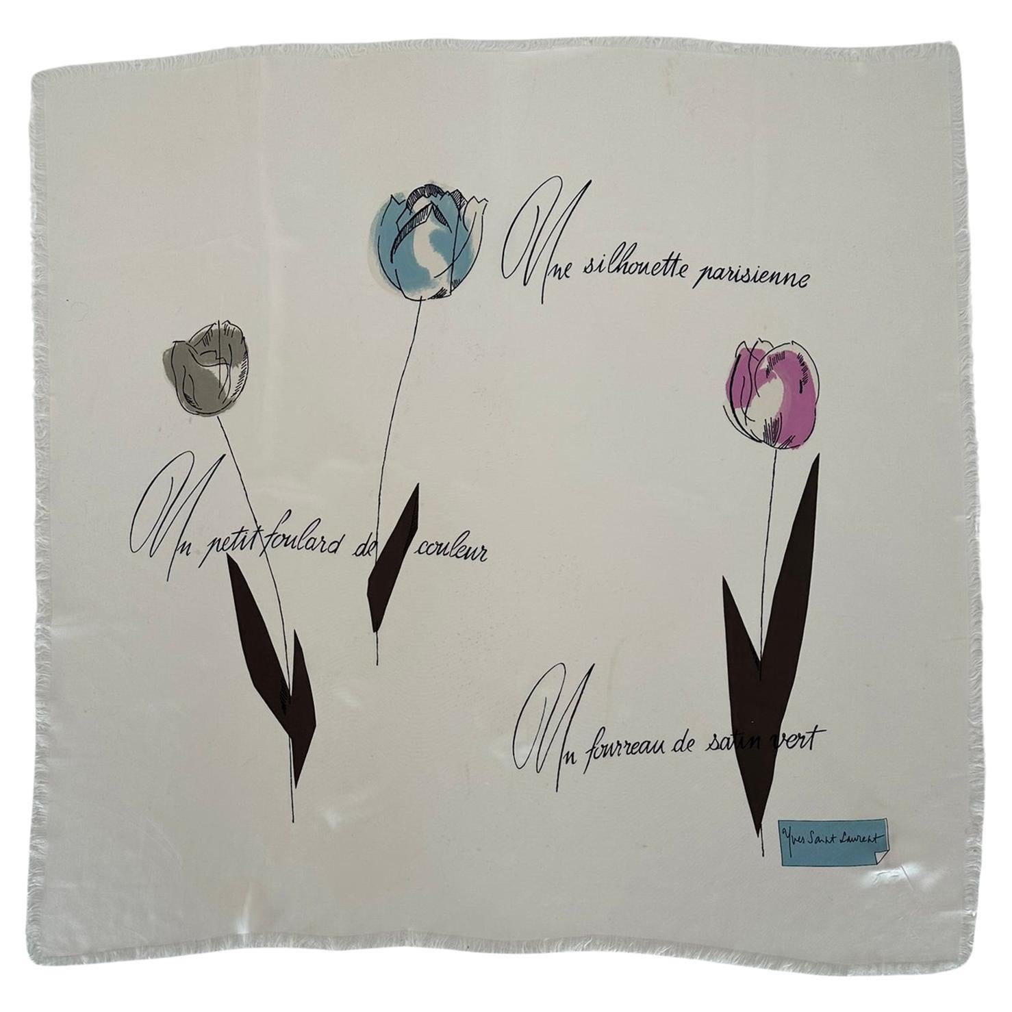 Yves Saint Laurent Rare White Silk Fringe Hem Scarf Un Silhouette Parisienne  For Sale