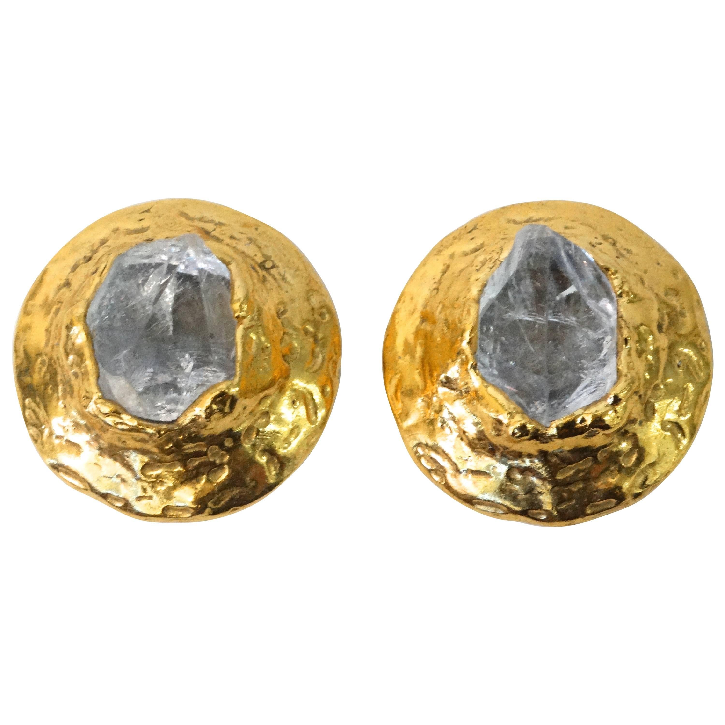 Yves Saint Laurent Raw Quartz Clip Earrings, 1970S For Sale