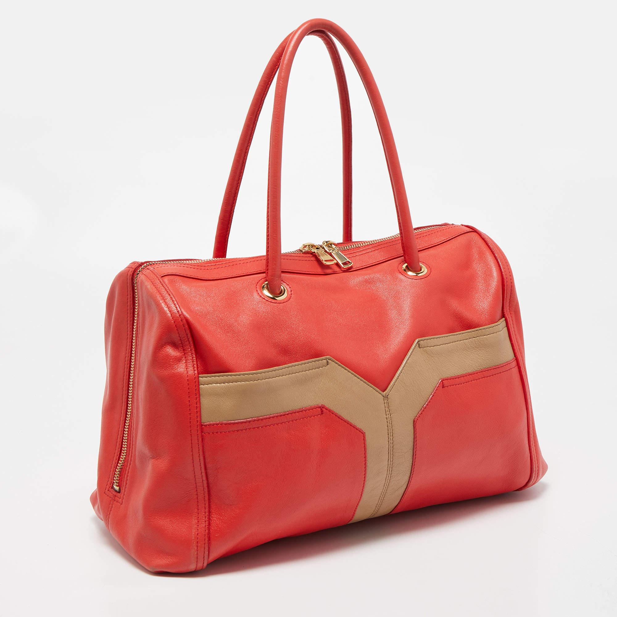 Yves Saint Laurent Red/Beige Leather Lucky Chyc Bowler Bag In Good Condition In Dubai, Al Qouz 2