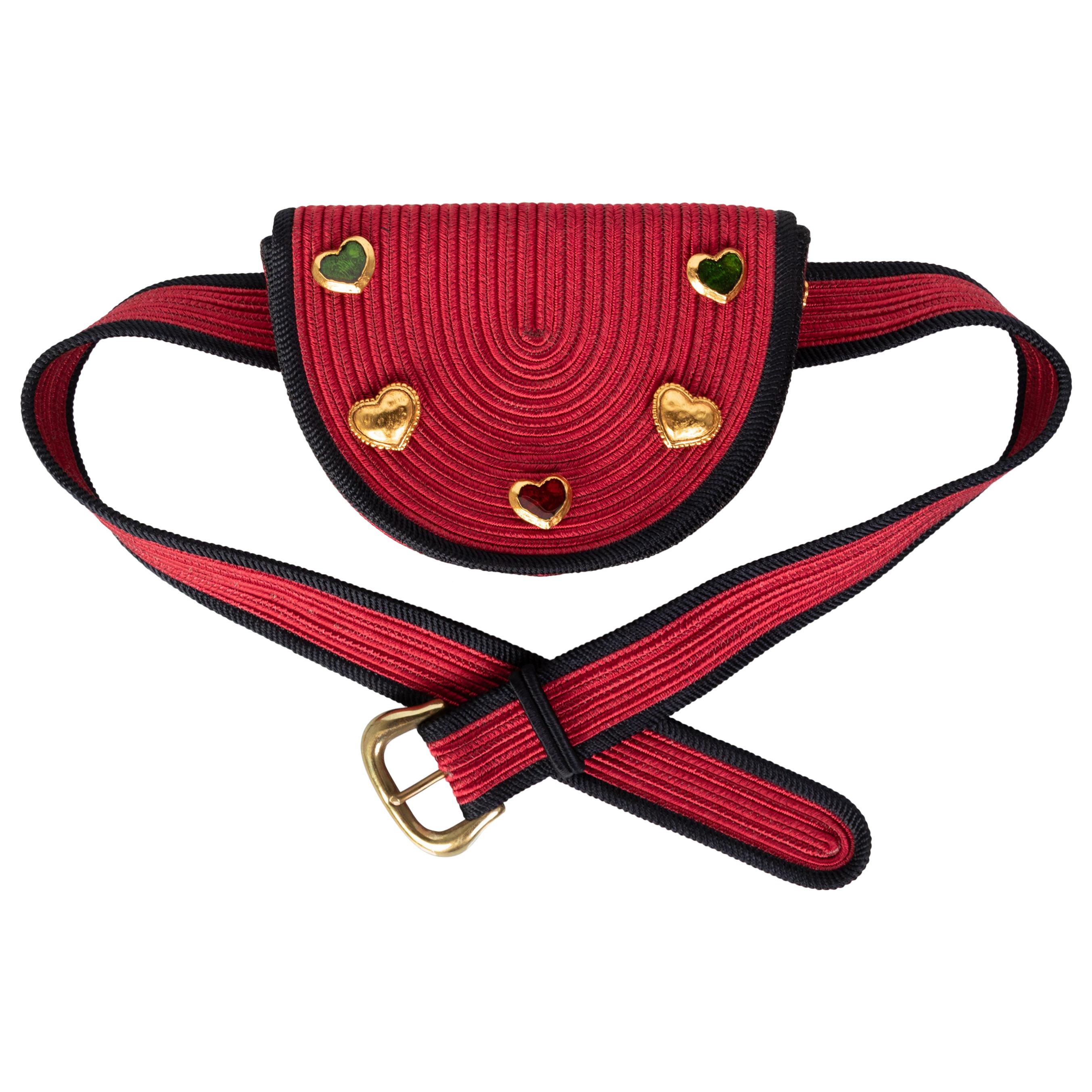 Yves Saint Laurent Red Black Passementerie Gripoix Hearts Clutch/ Belt Bag YSL