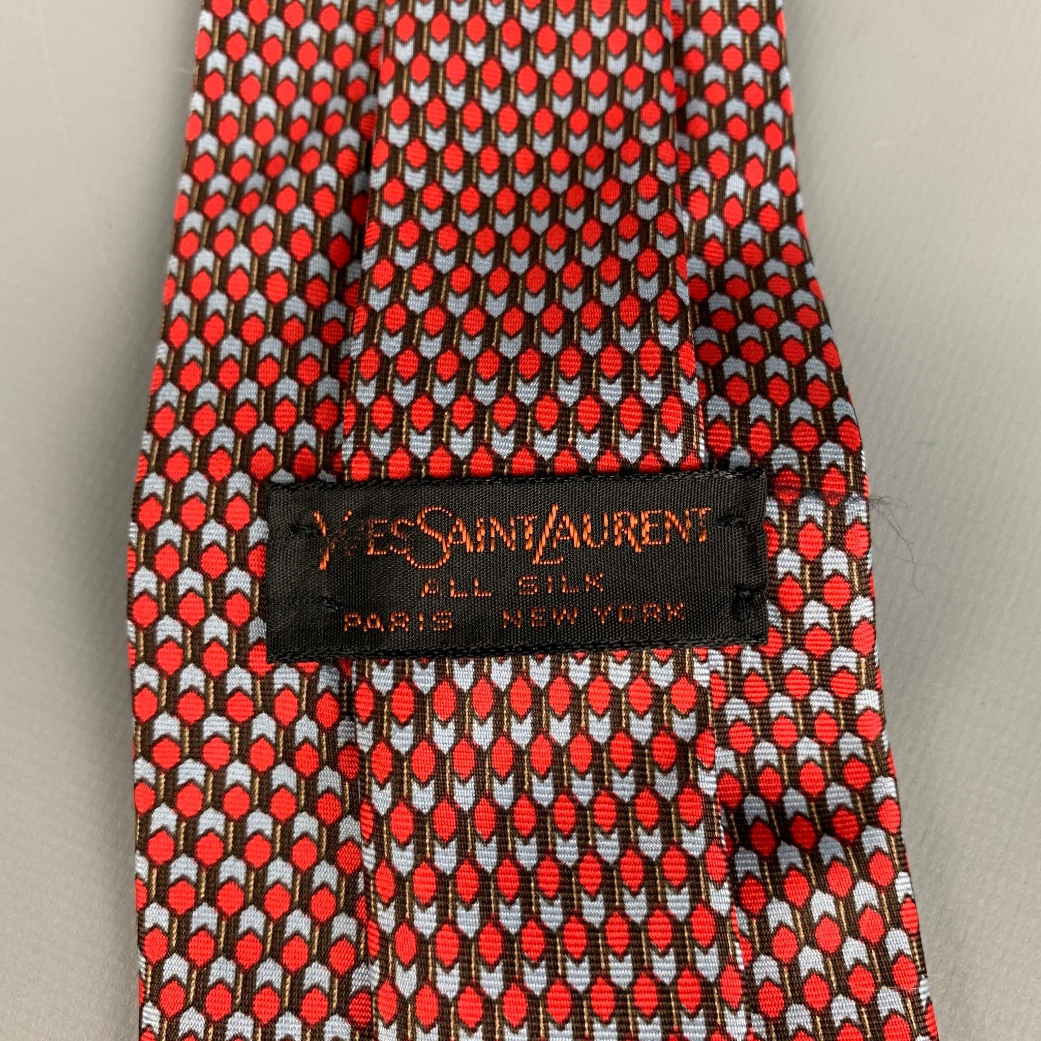 YVES SAINT LAURENT Red Blue Print Silk Tie In Good Condition In San Francisco, CA