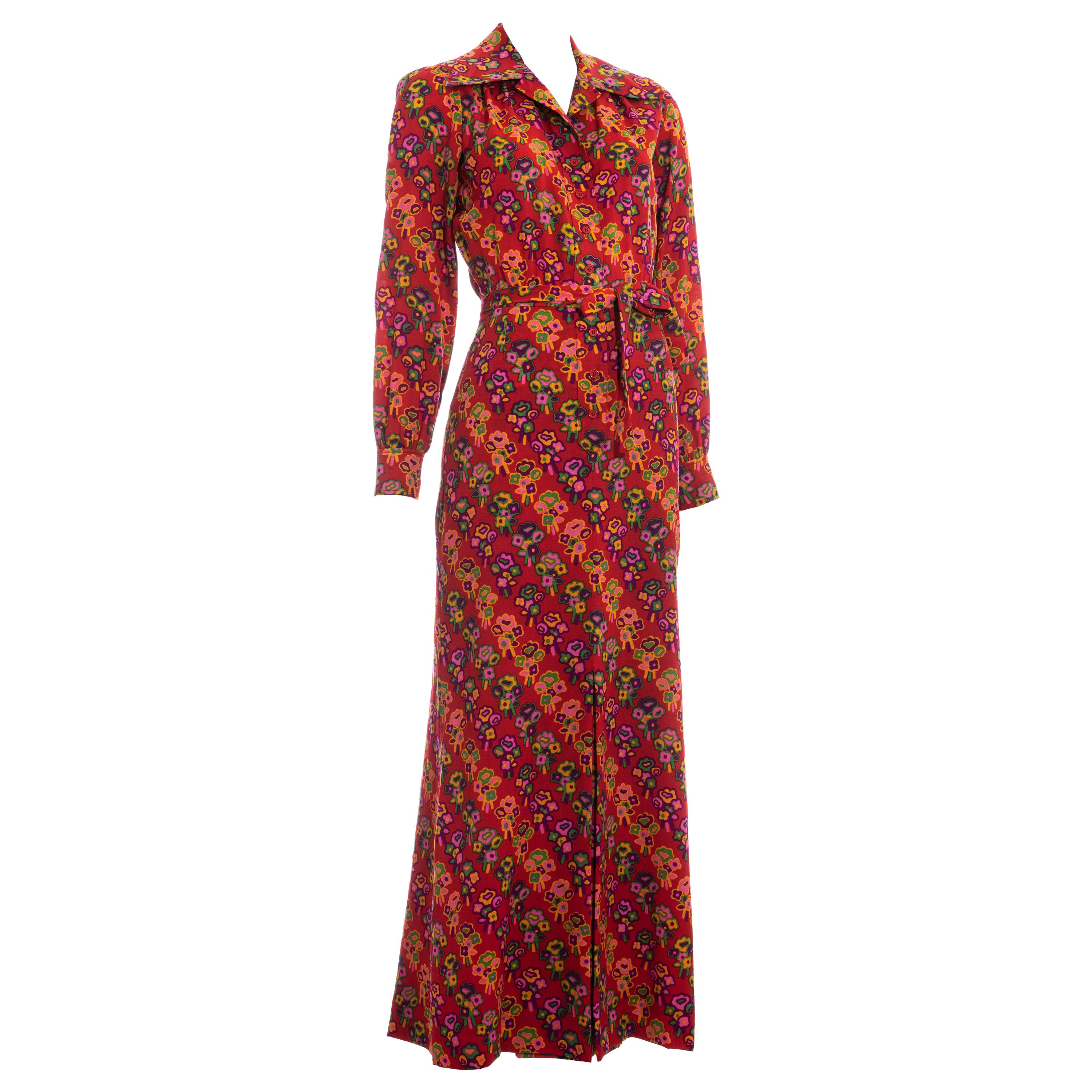 Yves Saint Laurent red floral cotton maxi summer dress, ss 1971