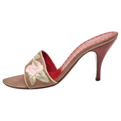 Yves Saint Laurent Red/Grey Satin 
Leather Embroidered Slide Sandals Size 37.5