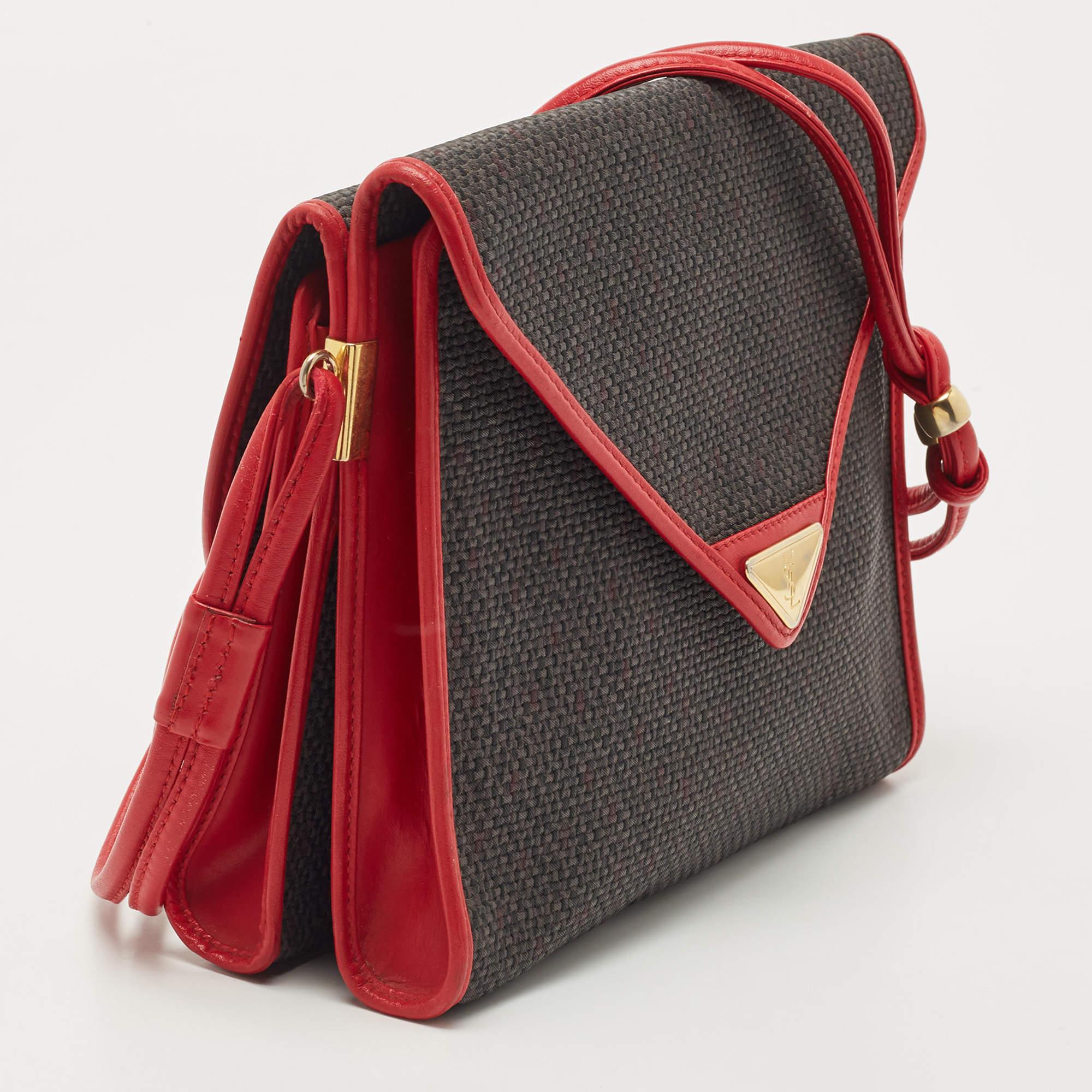Yves Saint Laurent Red/Grey Woven Coated Canvas and Leather Double Flap Crossbod In Good Condition In Dubai, Al Qouz 2