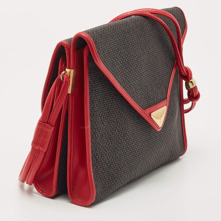 Yves Saint Laurent Red/Grey Woven Coated Canvas and Leather Double Flap  Crossbod For Sale at 1stDibs