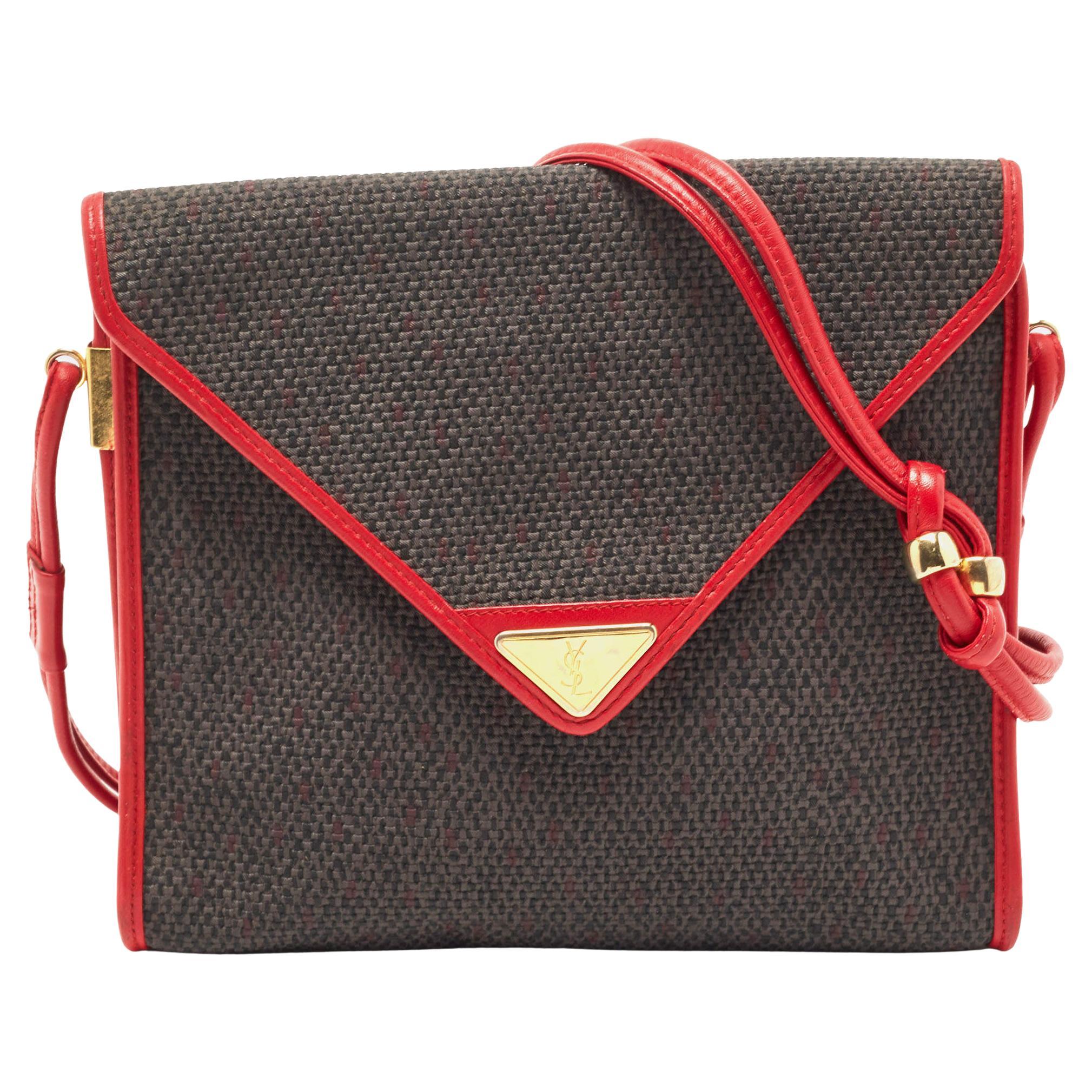 Yves Saint Laurent Red/Grey Woven Coated Canvas and Leather Double Flap Crossbod