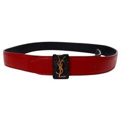 Yves Saint Laurent Red Leather Belt With Gold-Tone Logo Buckle