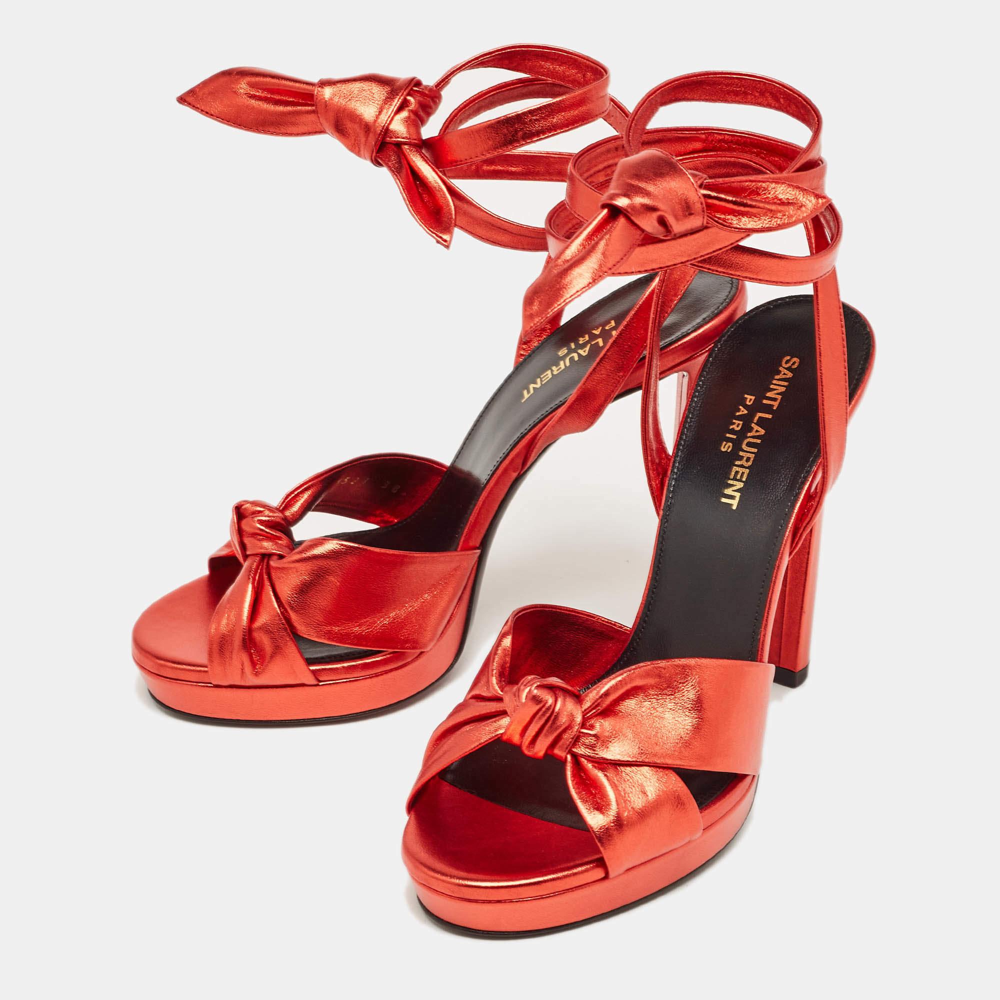Yves Saint Laurent Red Leather Knotted Ankle Wrap Sandals Size 38 For Sale 3