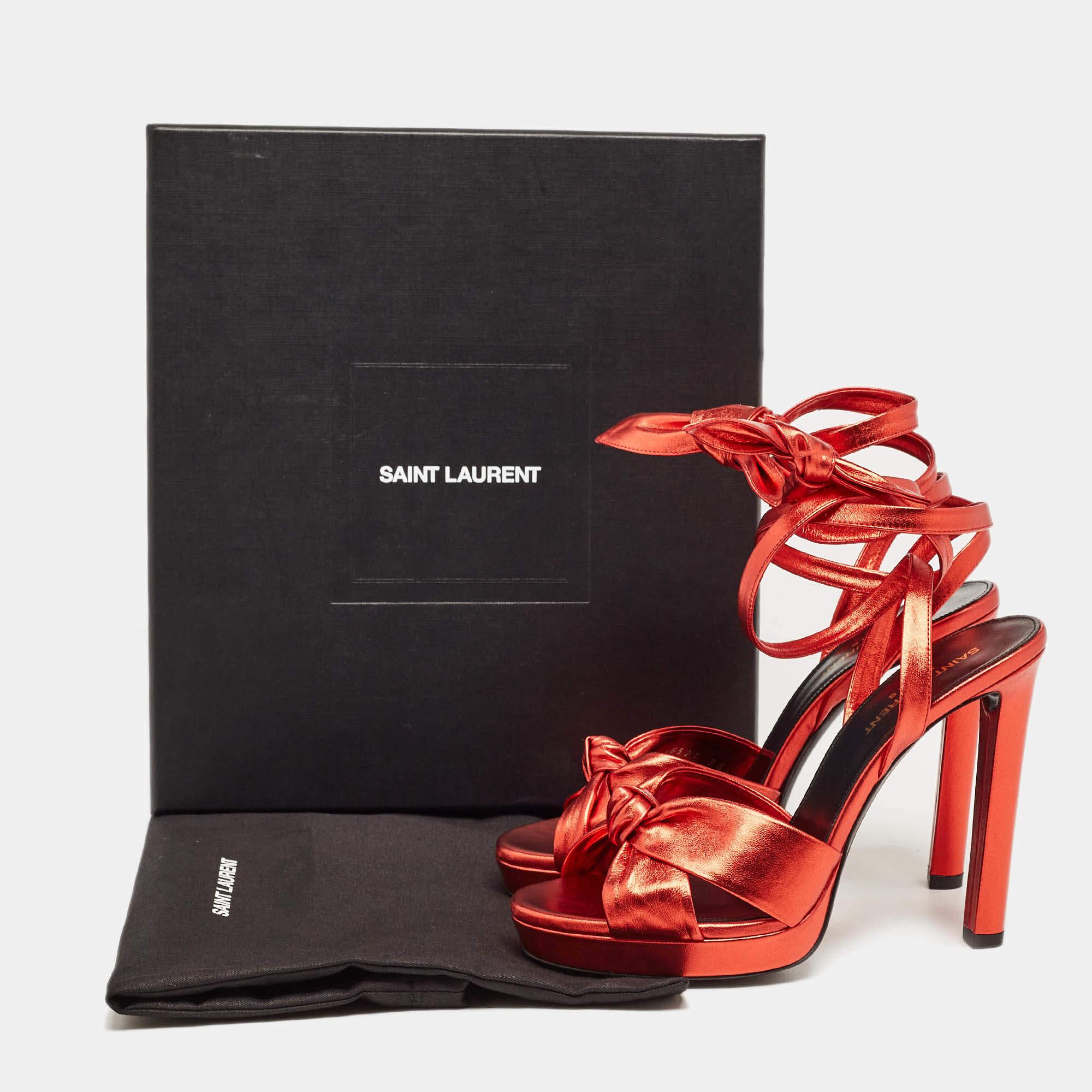 Yves Saint Laurent Red Leather Knotted Ankle Wrap Sandals Size 38 For Sale 4