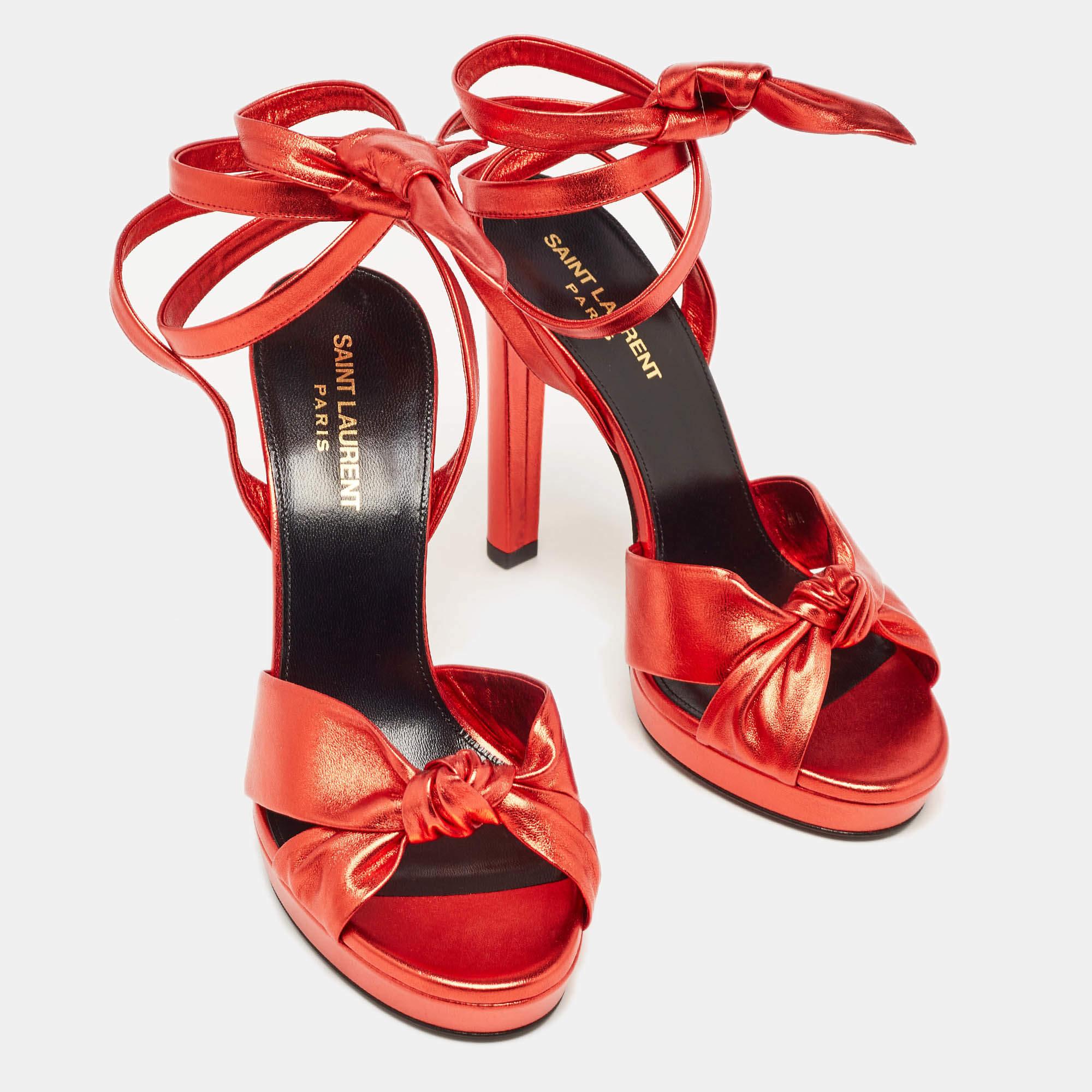 Yves Saint Laurent Red Leather Knotted Ankle Wrap Sandals Size 38 For Sale 5