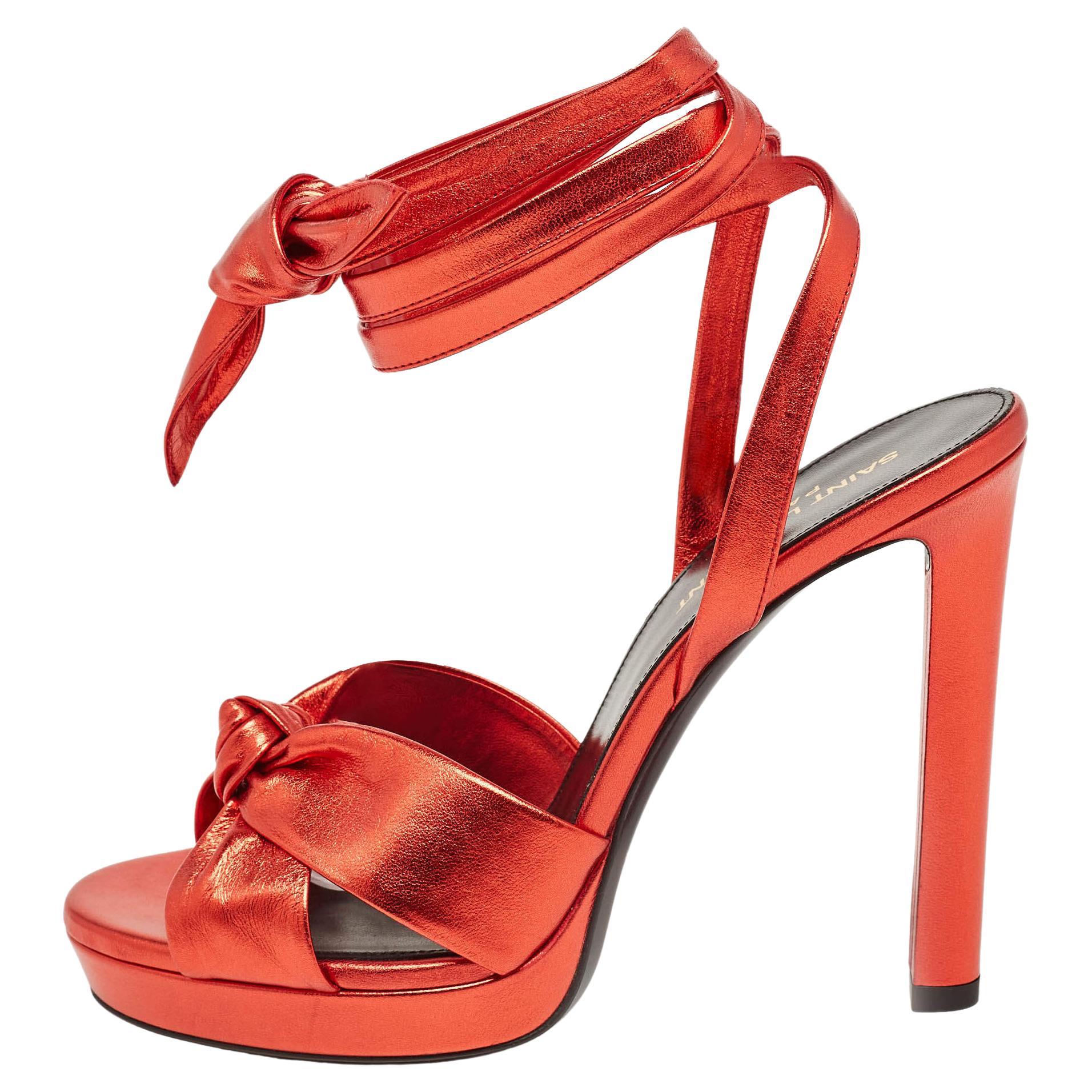Yves Saint Laurent Red Leather Knotted Ankle Wrap Sandals Size 38 For Sale
