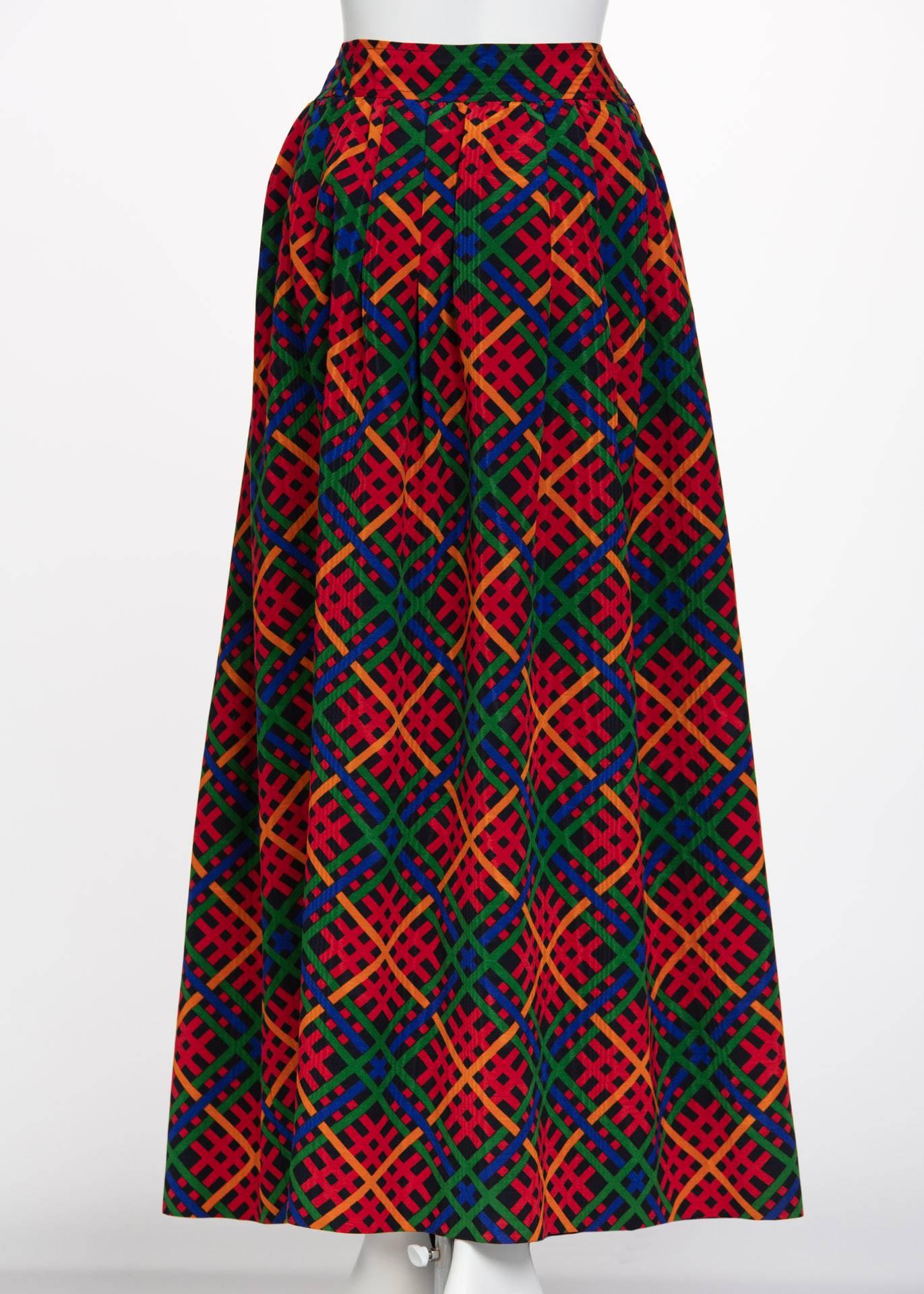 Yves Saint Laurent  Red Multicolored Plaid Full Maxi Skirt YSL , 1970s  In Excellent Condition For Sale In Boca Raton, FL