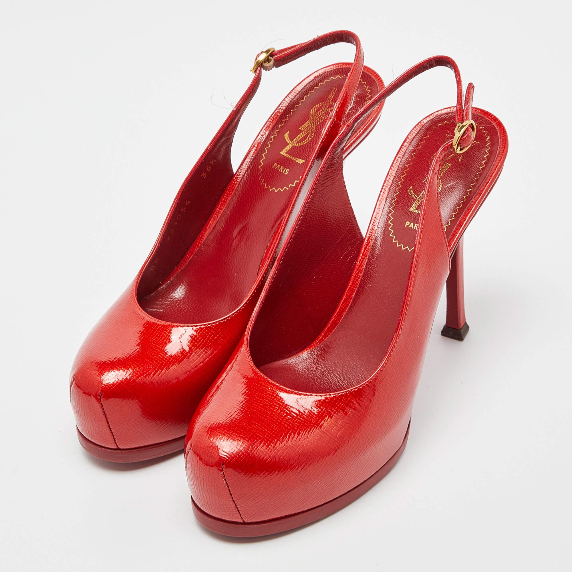 Yves Saint Laurent Red Patent Leather Tribtoo Slingback Pumps Size 36.5 In New Condition In Dubai, Al Qouz 2