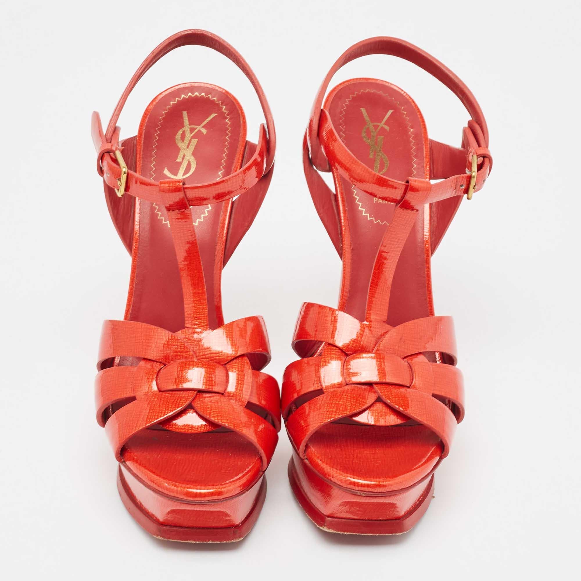 Yves Saint Laurent Red Patent Leather Tribute Sandals Size 37.5 In Good Condition In Dubai, Al Qouz 2