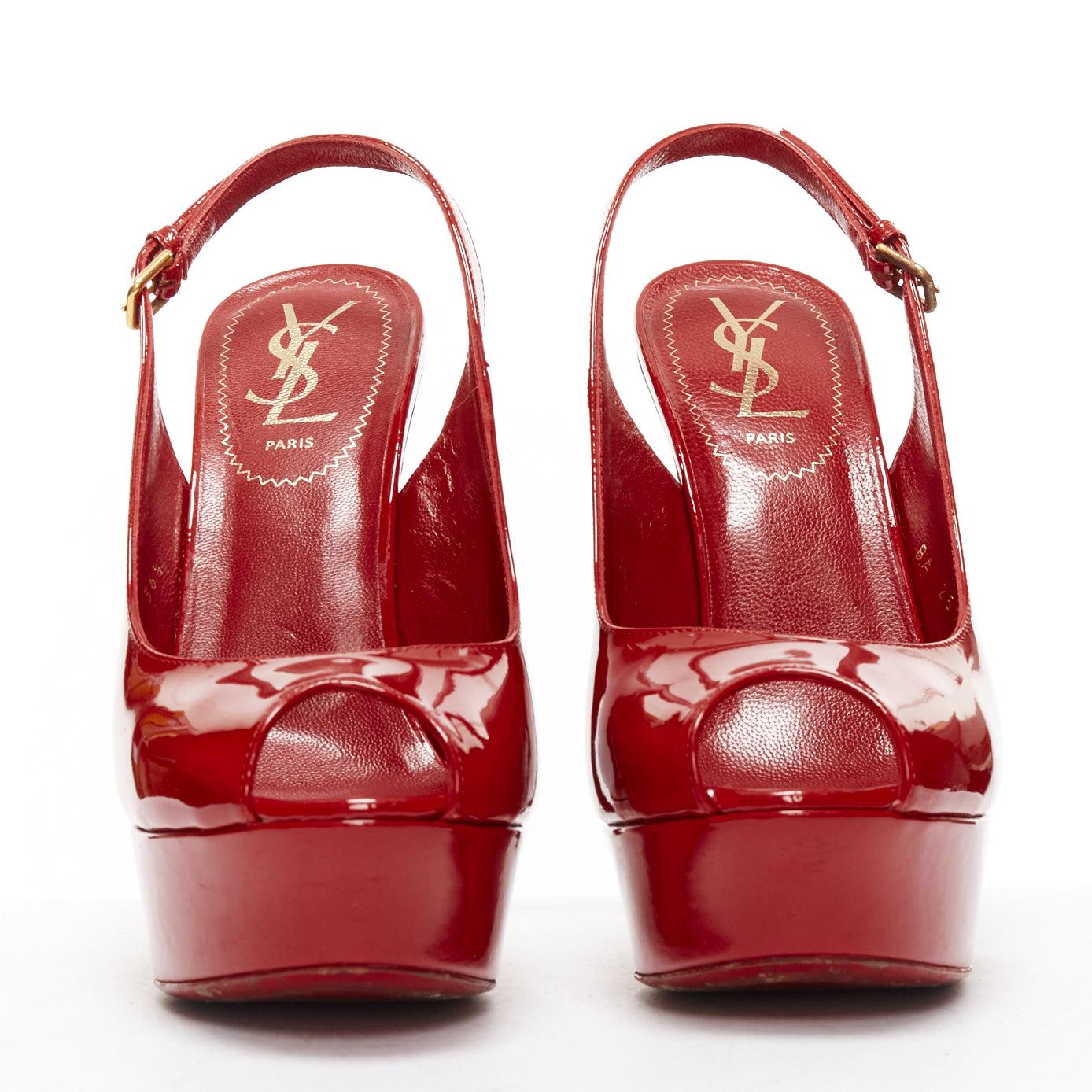 Red YVES SAINT LAURENT red patent peep toe platform slingback heels EU36.5 For Sale