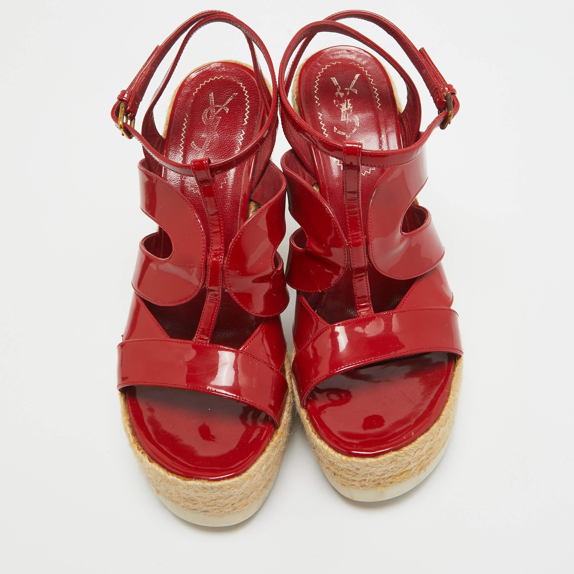 Beige Yves Saint Laurent Red Patent Wedge Ankle Sandals Size 39.5