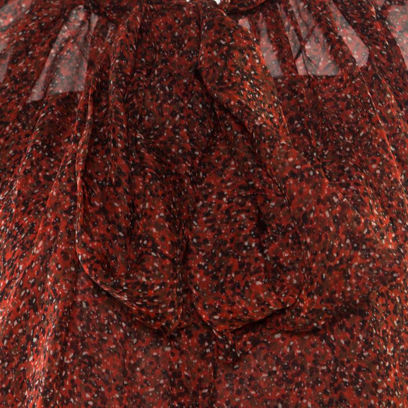 Yves Saint Laurent Rotes bedrucktes langärmeliges Kleid aus Seide mit Chiffonkragen und Krawattendetail L Damen im Angebot