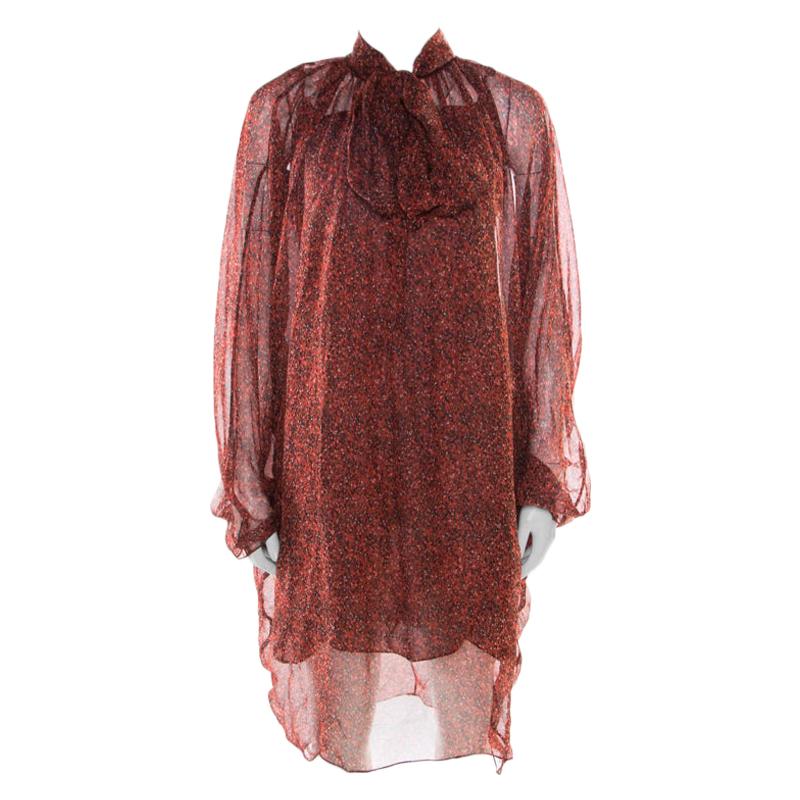 Yves Saint Laurent Red Printed Silk Chiffon Neck Tie Detail Long Sleeve Dress L For Sale