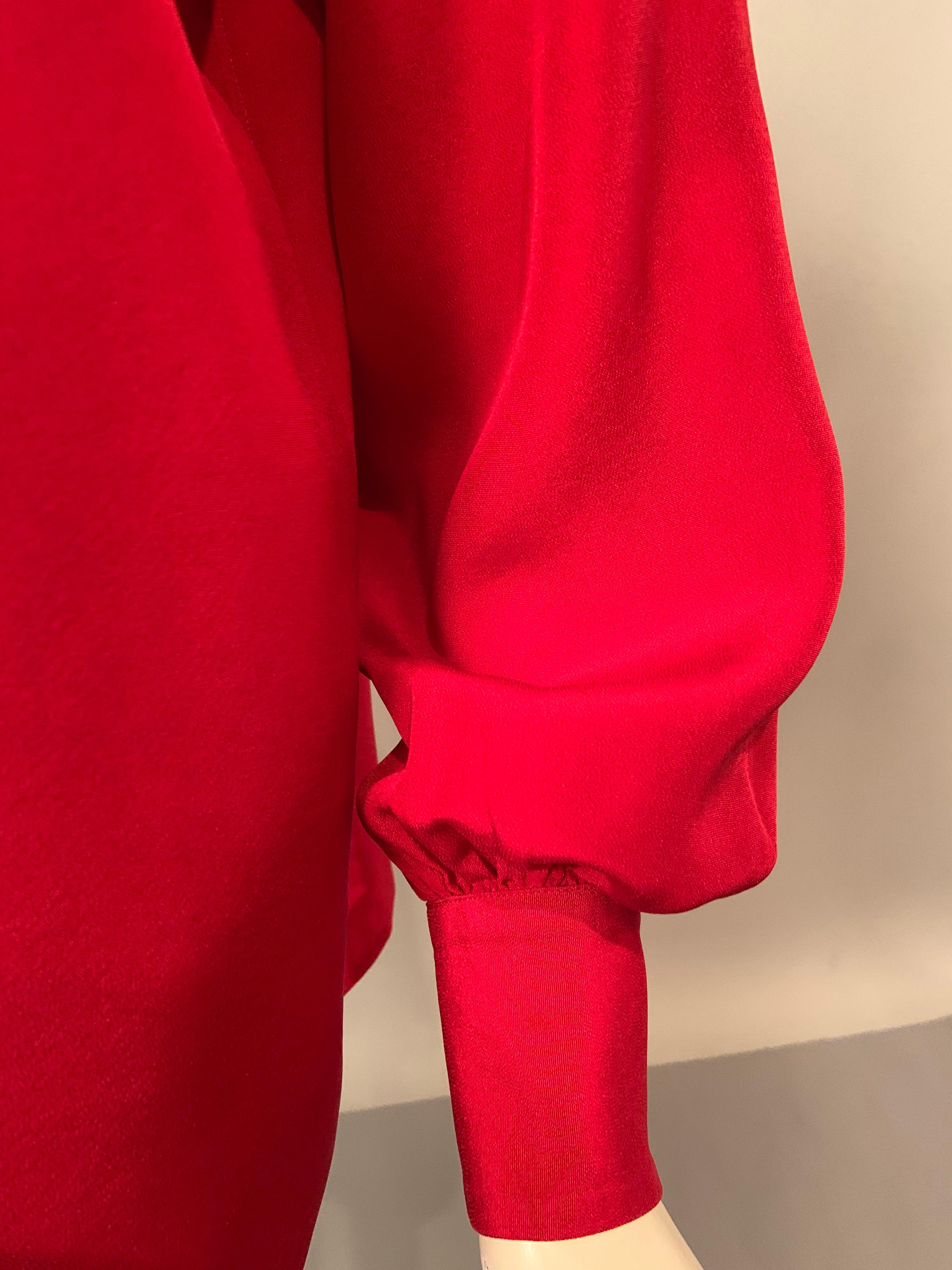 Yves Saint Laurent Red Silk Blouse with Scarf Tie Neckline In Excellent Condition For Sale In New Hope, PA