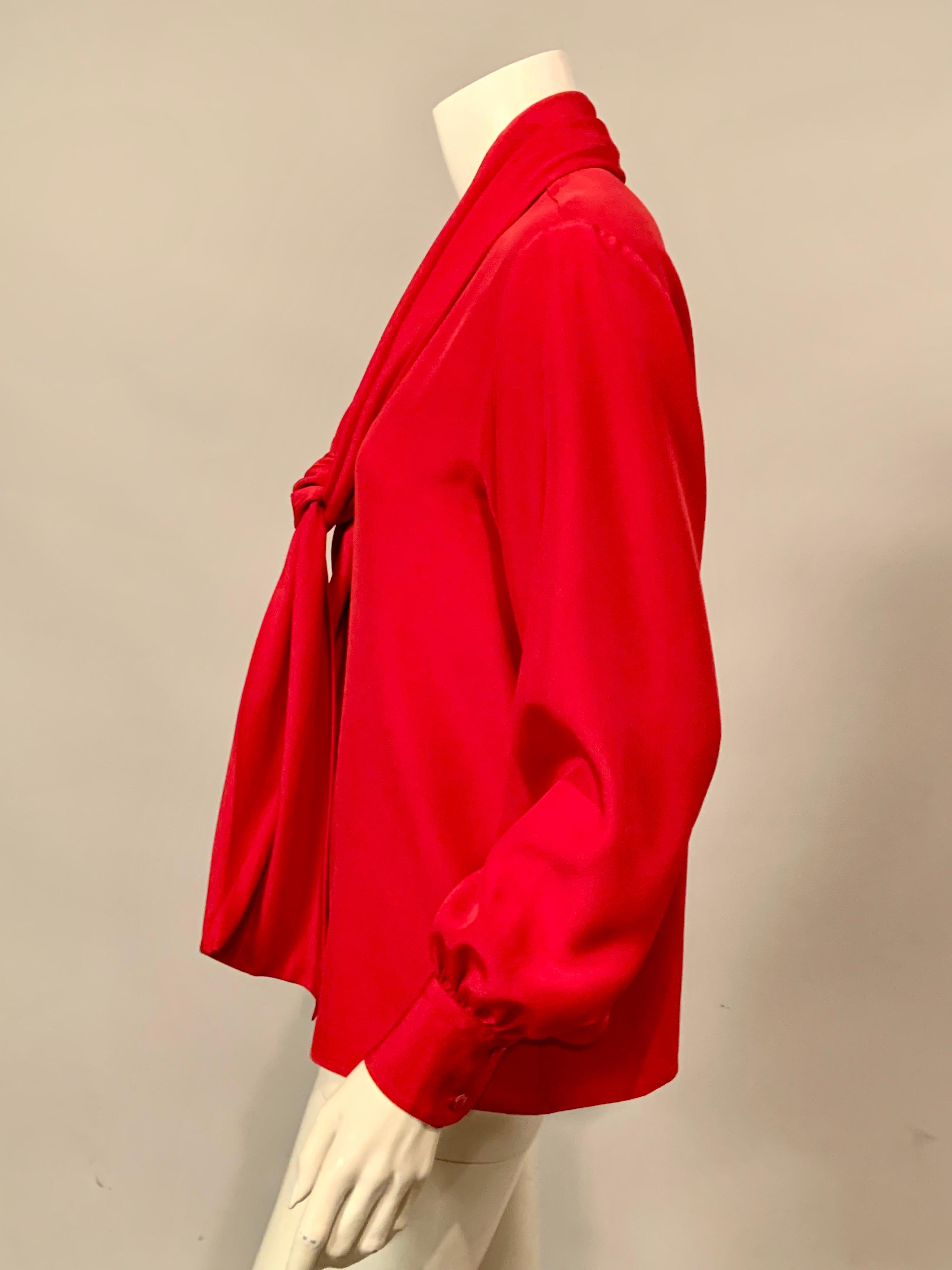 Women's Yves Saint Laurent Red Silk Blouse with Scarf Tie Neckline For Sale