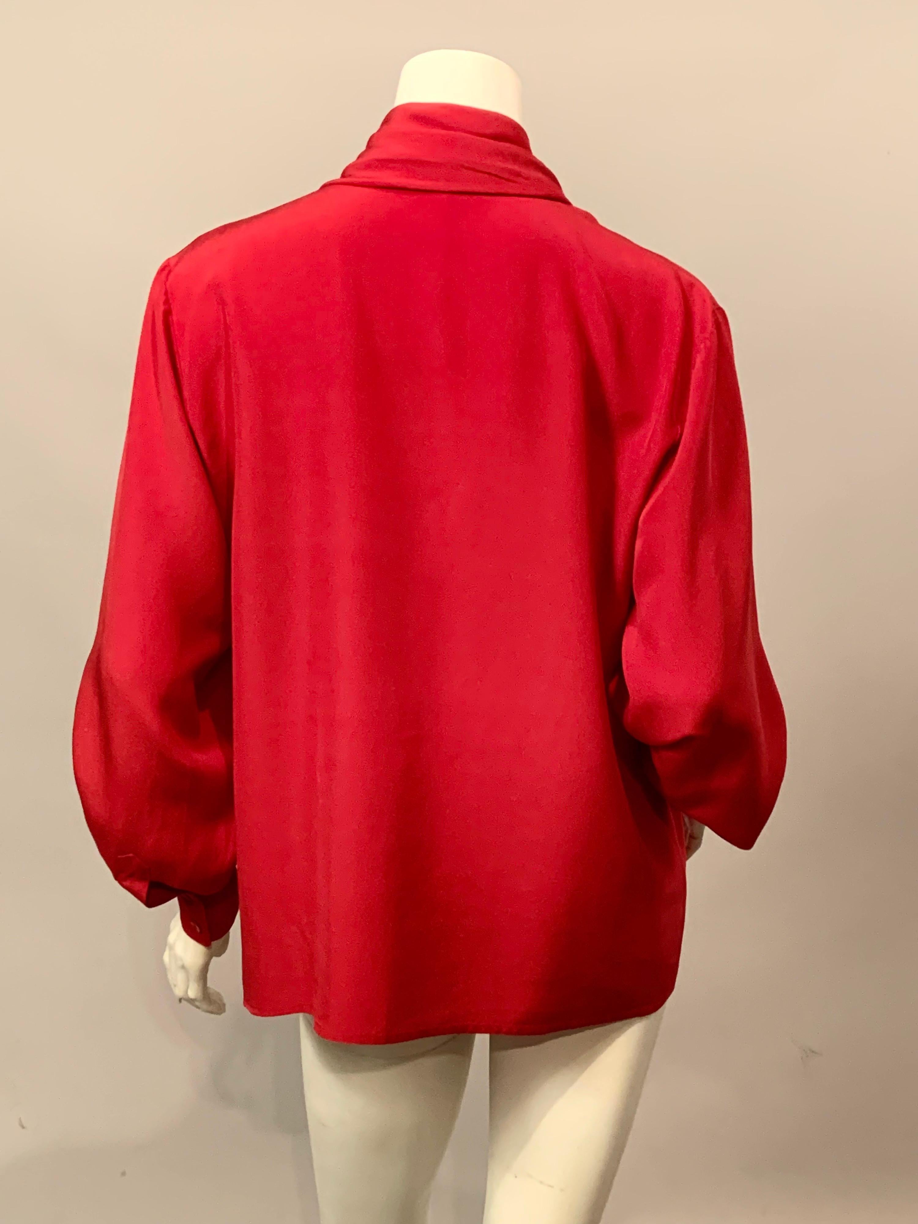 Yves Saint Laurent Red Silk Blouse with Scarf Tie Neckline For Sale 1