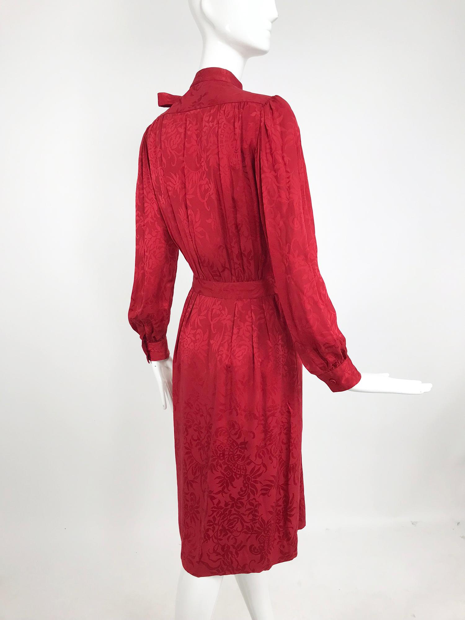 Yves Saint Laurent Red Silk Jacquard Bow Tie Dress 1970s 4
