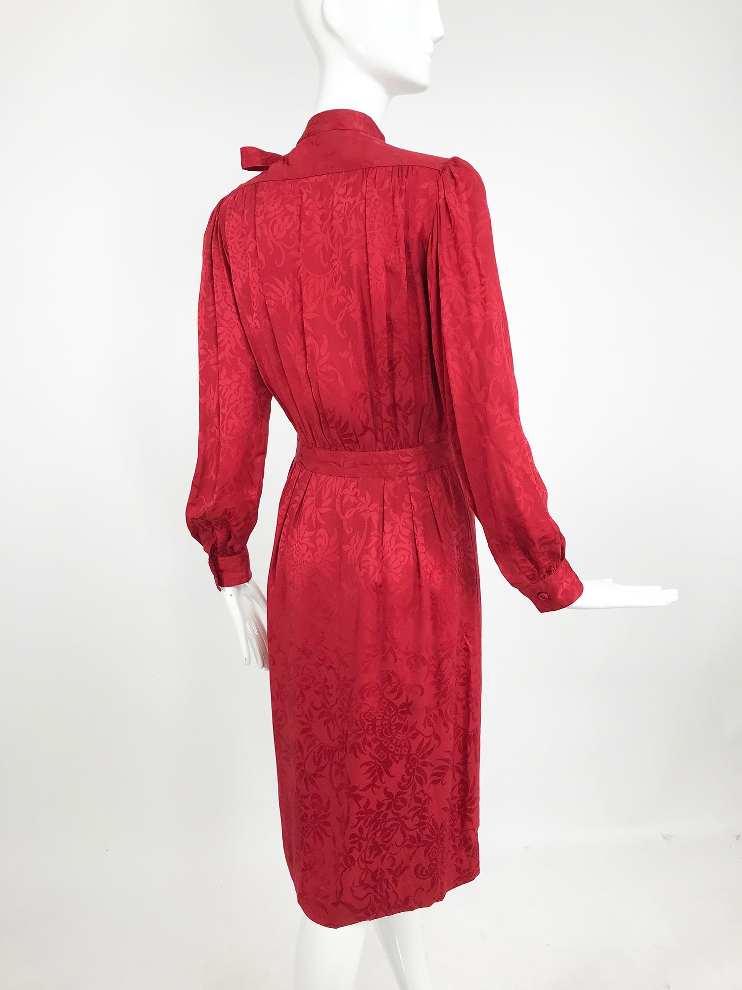 Yves Saint Laurent Red Silk Jacquard Bow Tie Dress 1970s 5