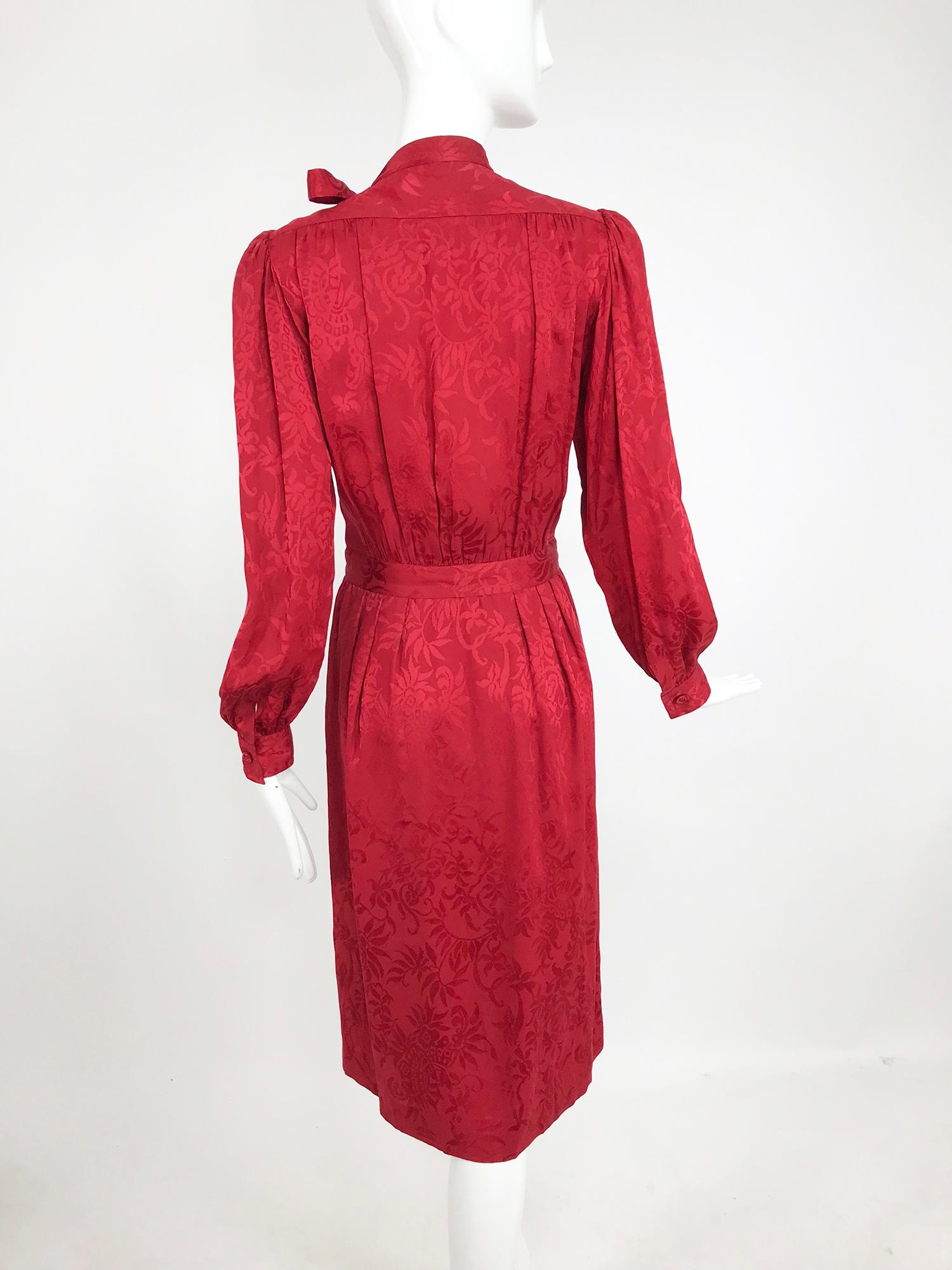 Yves Saint Laurent Red Silk Jacquard Bow Tie Dress 1970s 6