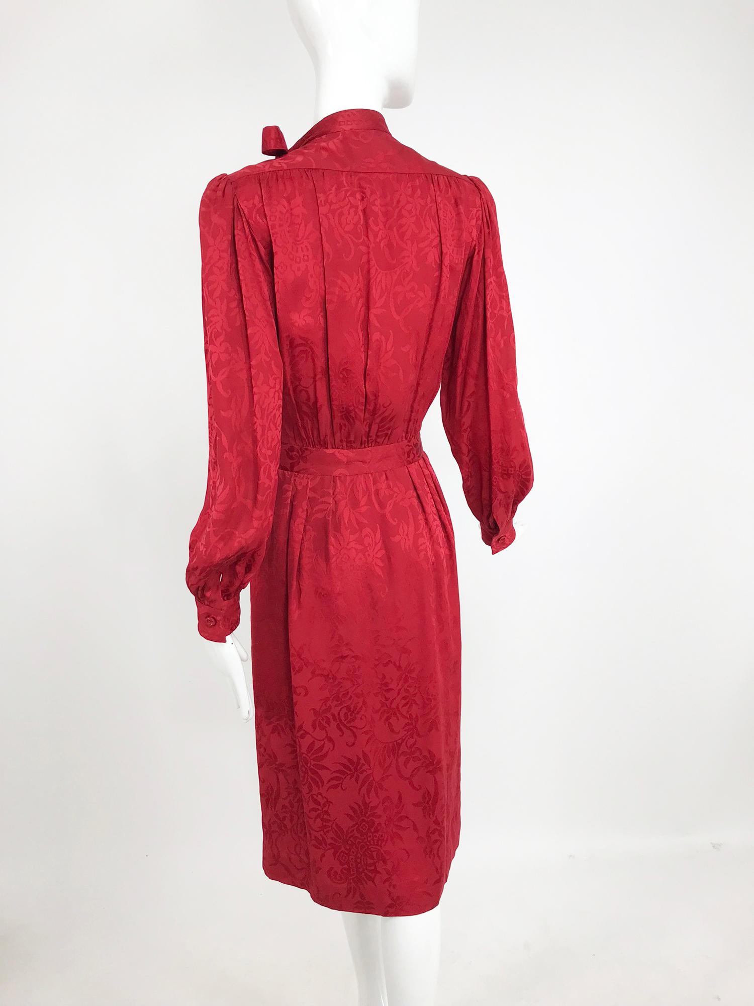 Yves Saint Laurent Red Silk Jacquard Bow Tie Dress 1970s 7