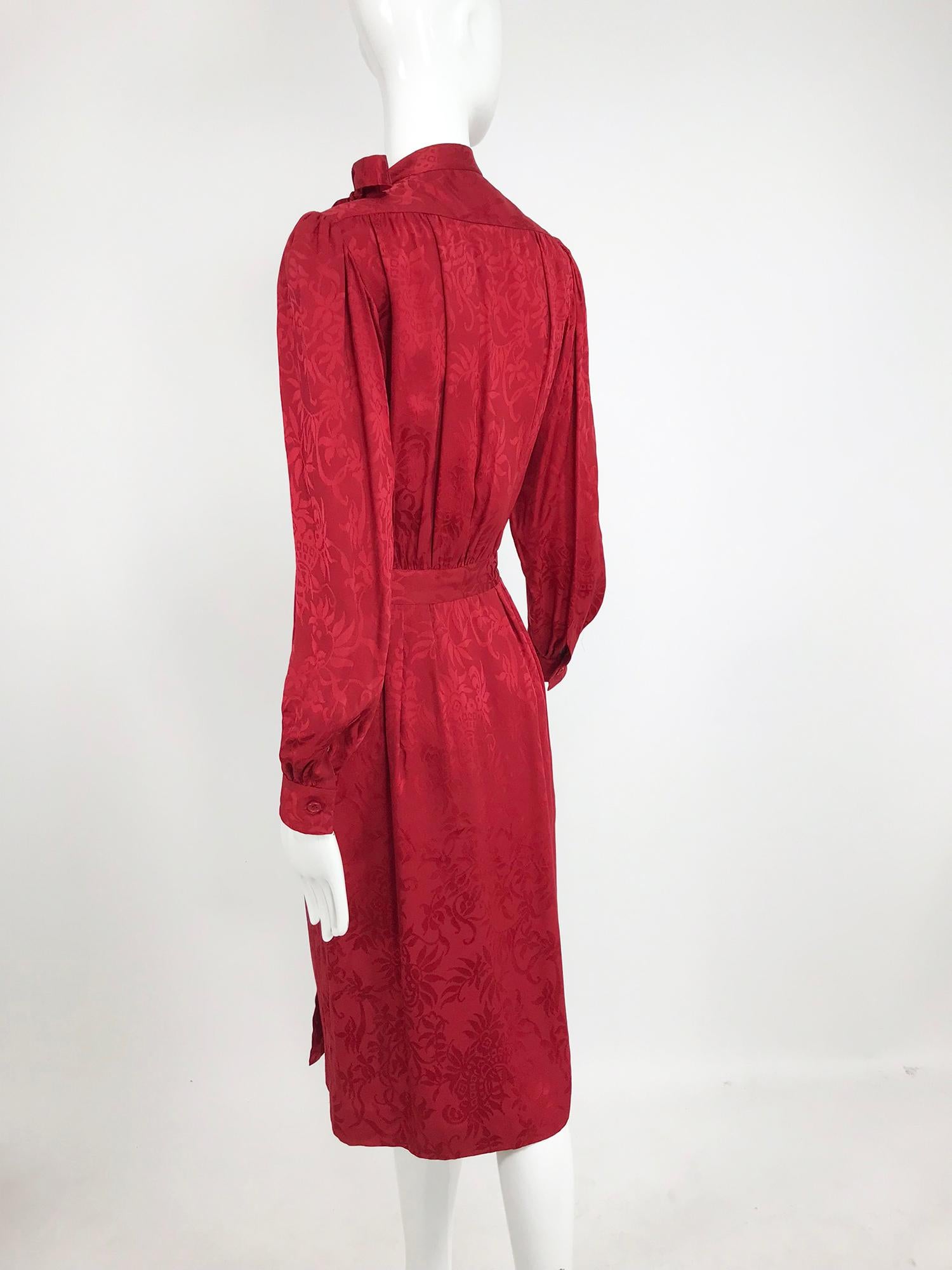 Yves Saint Laurent Red Silk Jacquard Bow Tie Dress 1970s 8