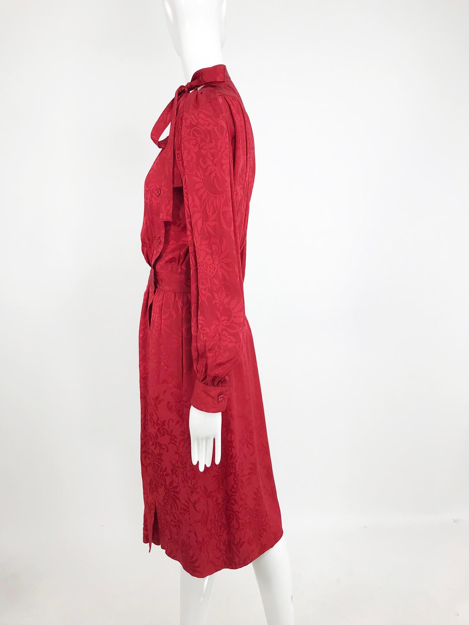 Yves Saint Laurent Red Silk Jacquard Bow Tie Dress 1970s 9